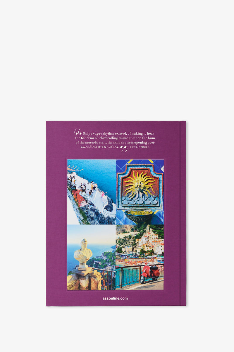 A purple cover for the Assouline Amalfi Coast Book features an inspirational quote at the top and four vivid images of coastal landscapes and colorful tiles below, with the website assouline.com displayed at the bottom.