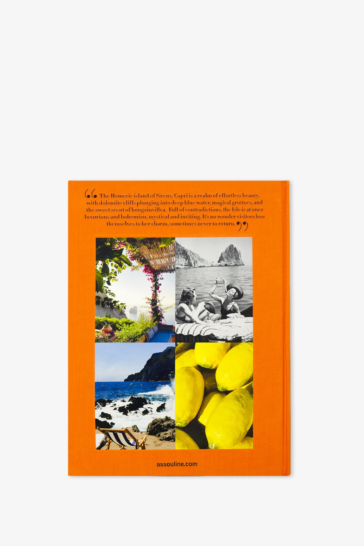 The back cover of the Assouline Capri Dolce Vita Book features a quote and a grid of five photos, including lemons, a beach, a garden, a cliffside, and people relaxing by the sea. The website assouline.com appears at the bottom.