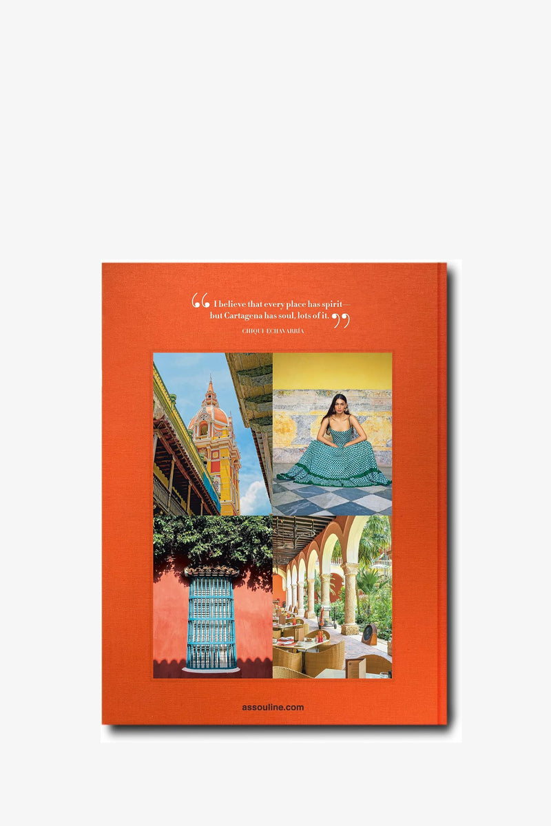 The back cover of the Assouline Cartagena Grace Book features an orange border, a quote at the top, and four vibrant photos depicting a woman in a dress, a historic tower, a blue window, and an outdoor dining area.