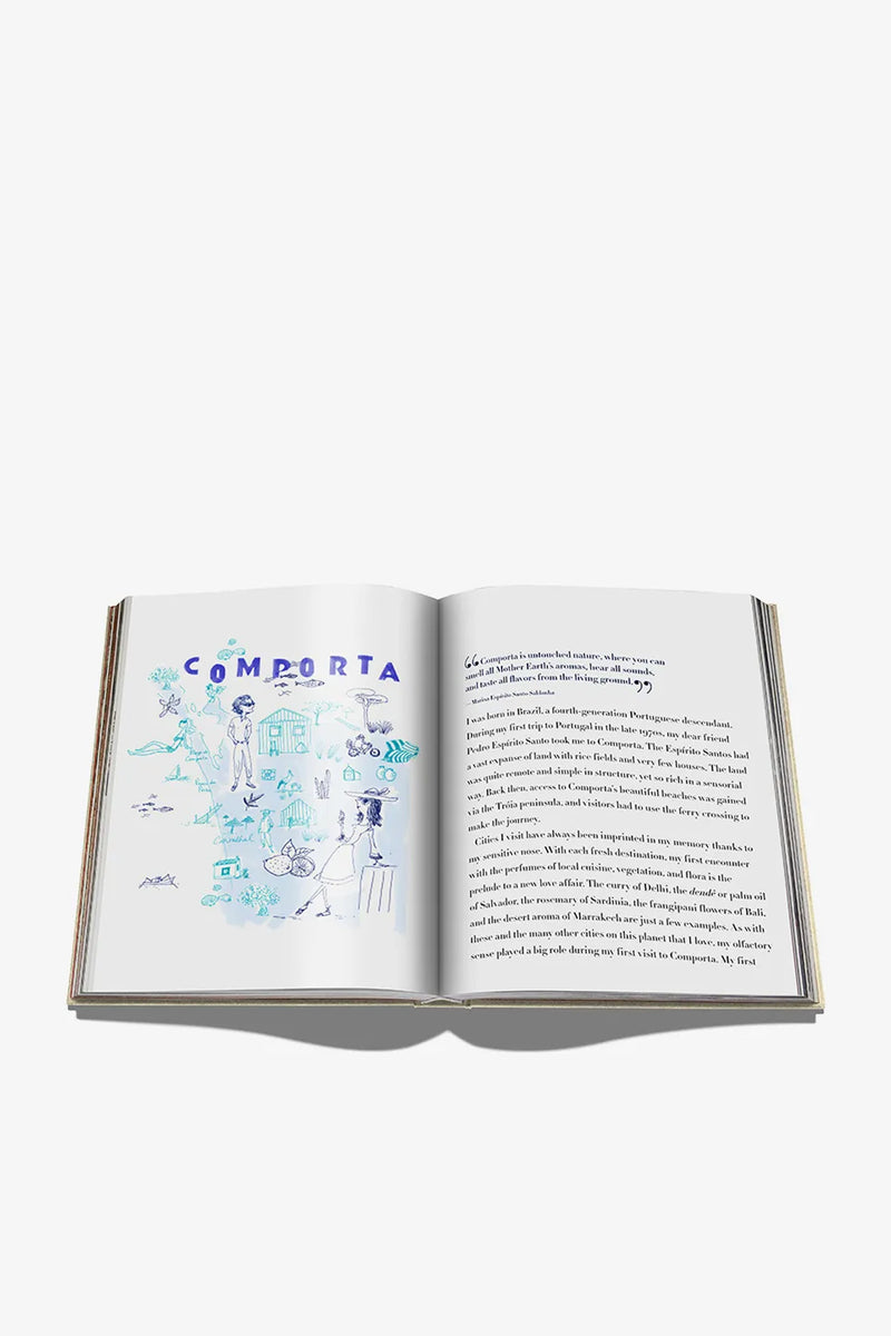 A copy of the Assouline Comporta Bliss Book open to an illustrated left page labeled “COMPORTA” with blue sketches, and a right page displaying a block of printed text alongside a large quotation mark.