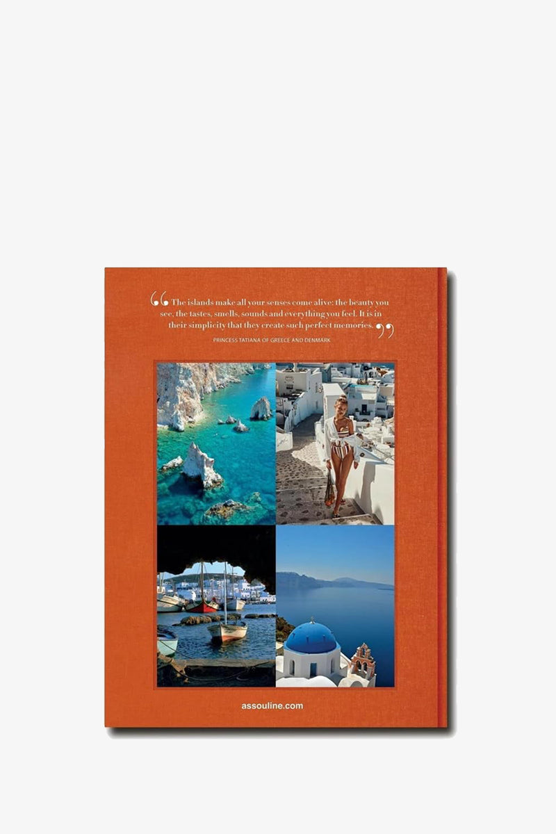 The back cover of ASSOULINE GREEK ISLANDS showcases four photos of Greek island scenes—blue waters, boats, white buildings, and domed churches—set against an orange background and accompanied by a quote.