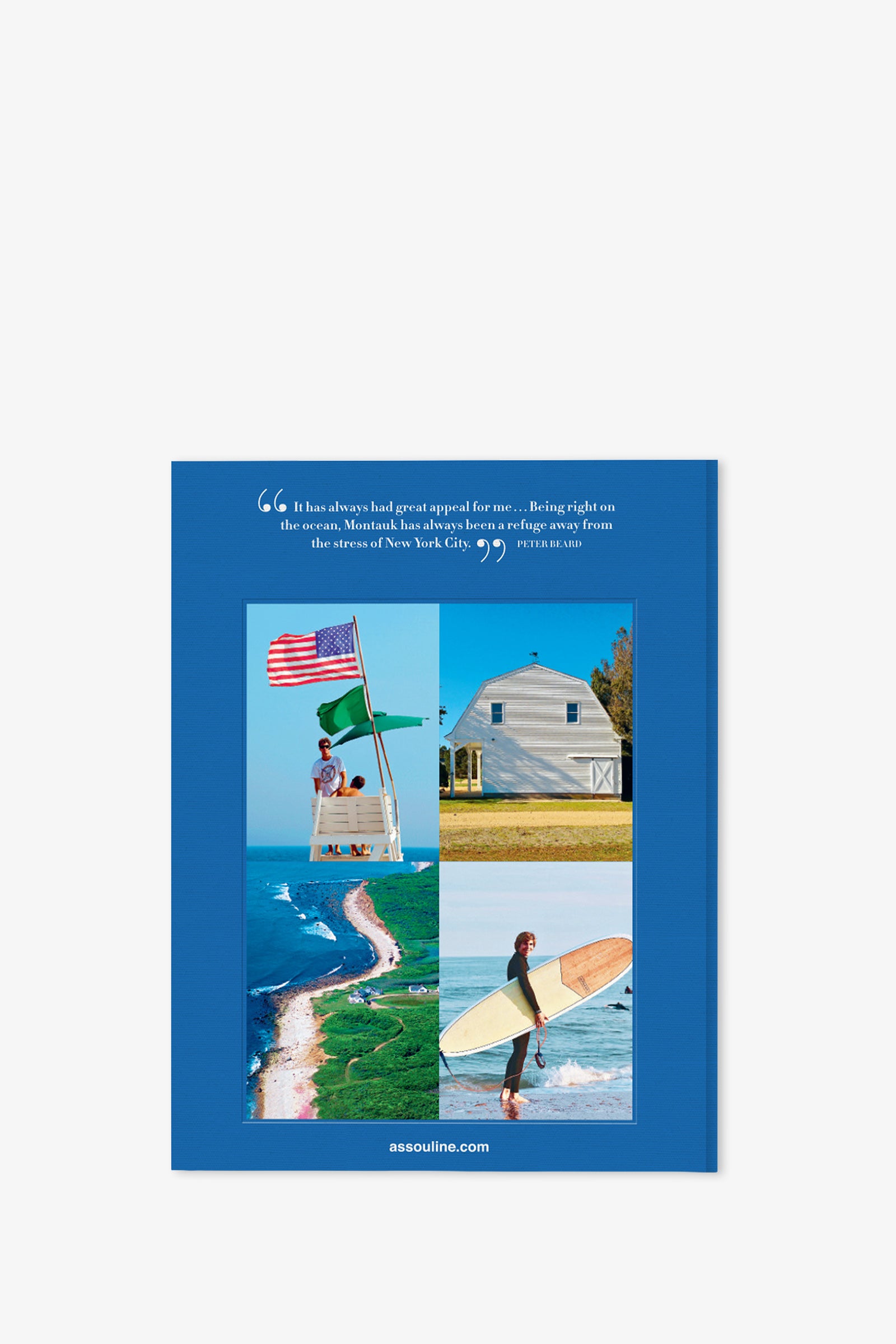 The Assouline Hamptons Private Book features a blue cover adorned with three photos—a woman surfing, a house set on grass, and a scenic coastline. A quote celebrating Montauk’s appeal appears at the top, while assouline.com is printed at the bottom.