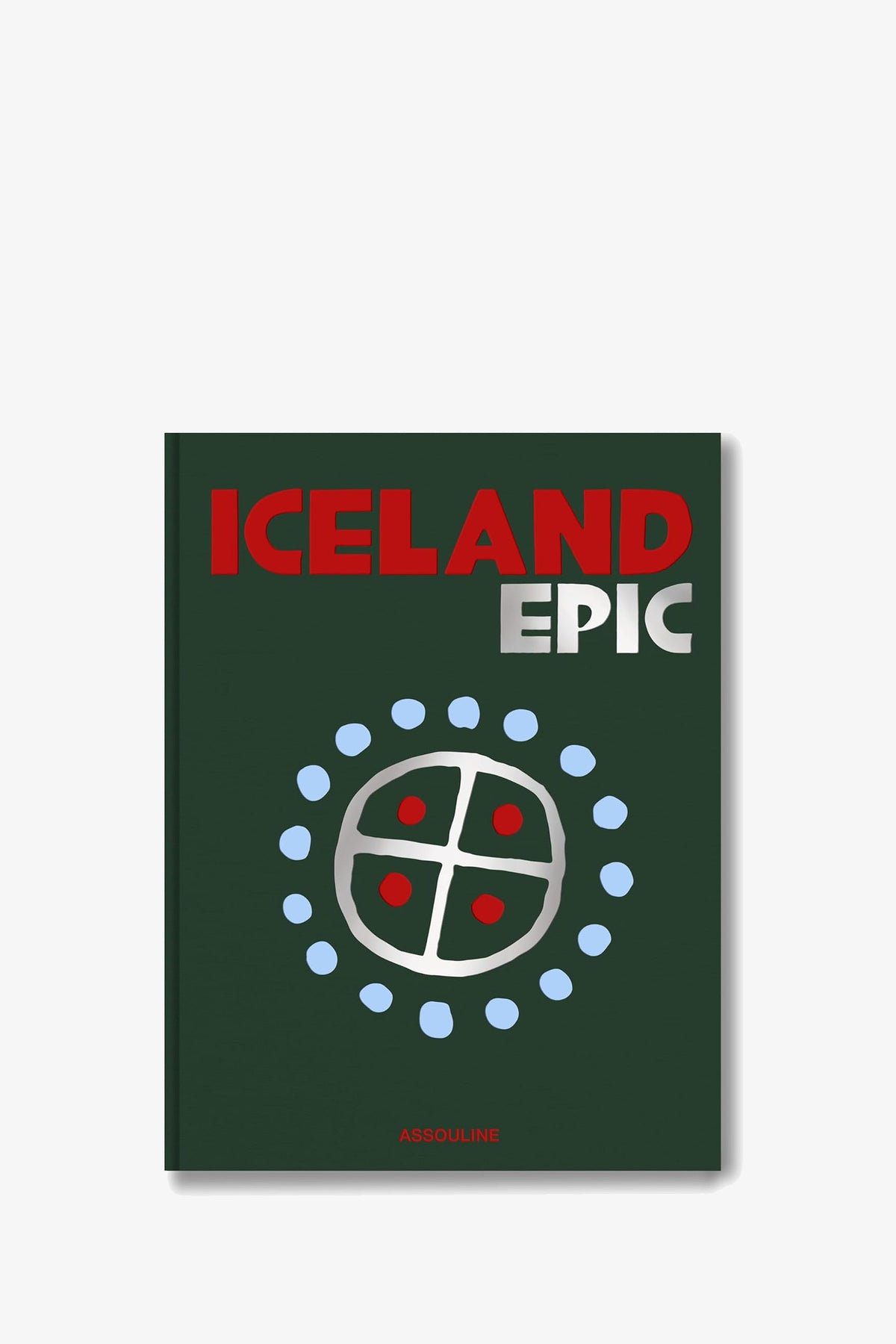 Book cover for the Assouline Iceland Epic Book featuring bold red and white lettering, a circular design with blue dots and red accents on a green background, and “ASSOULINE” printed at the bottom.