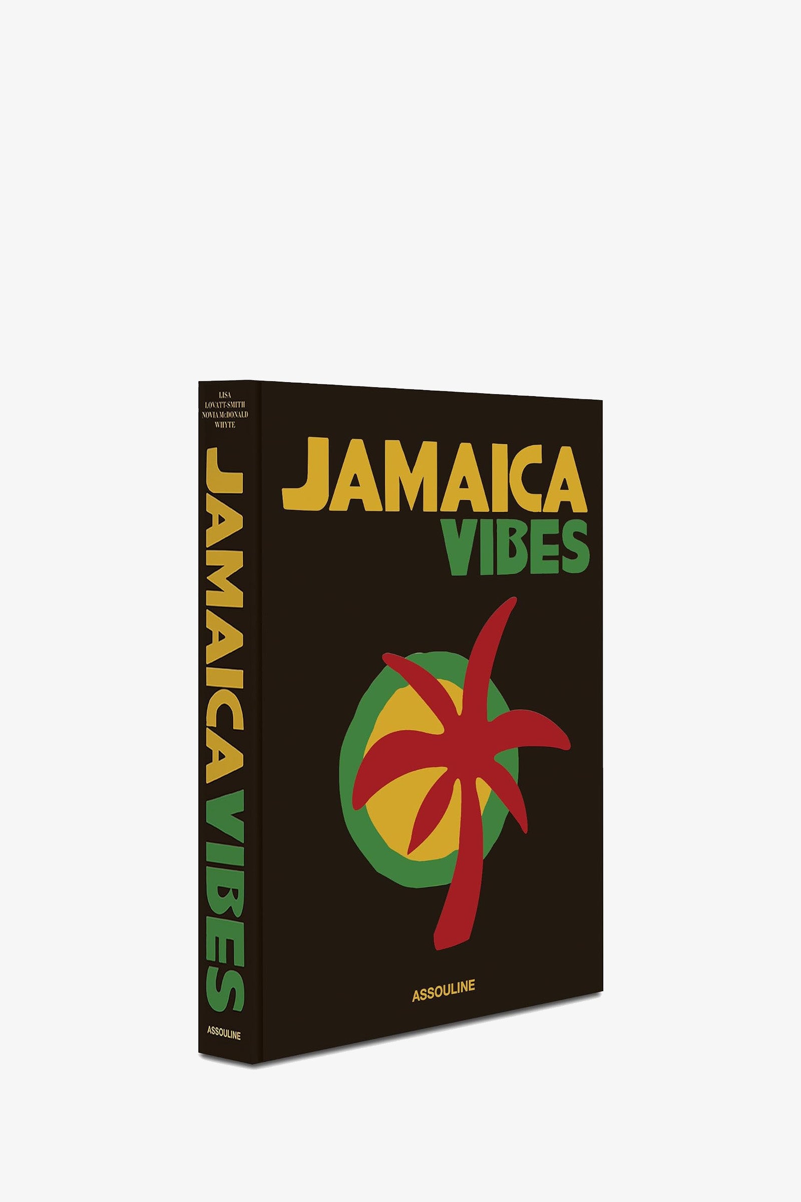 The Assouline Jamaica Vibes book stands upright against a white background, its black cover adorned with bold yellow and green text and a vibrant circular design.