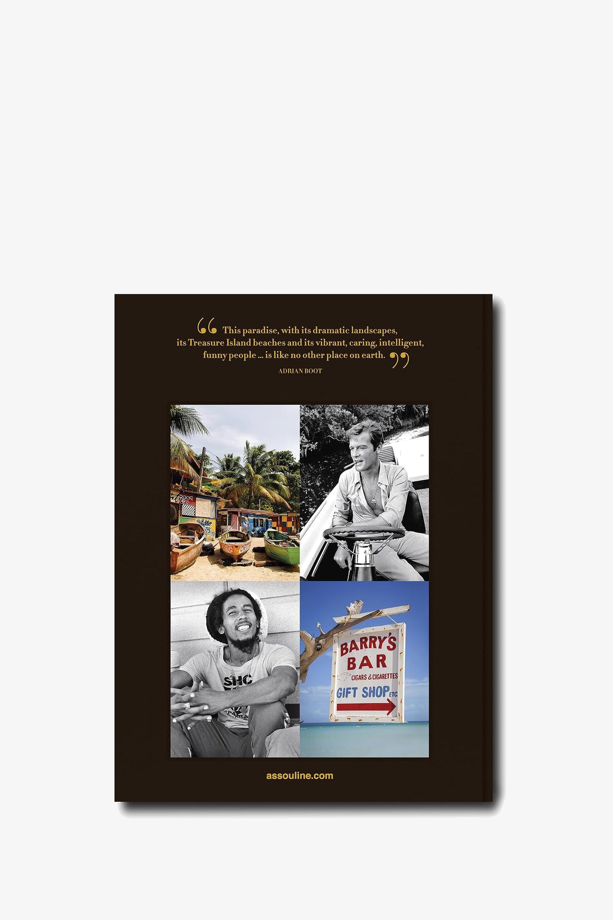 Back cover of Assouline Jamaica Vibes featuring a quote at the top, three photos—including boats with palm trees, a man holding a camera, and a smiling man in a shirt—and the Barrys Bar and Gift Shop sign at the bottom.