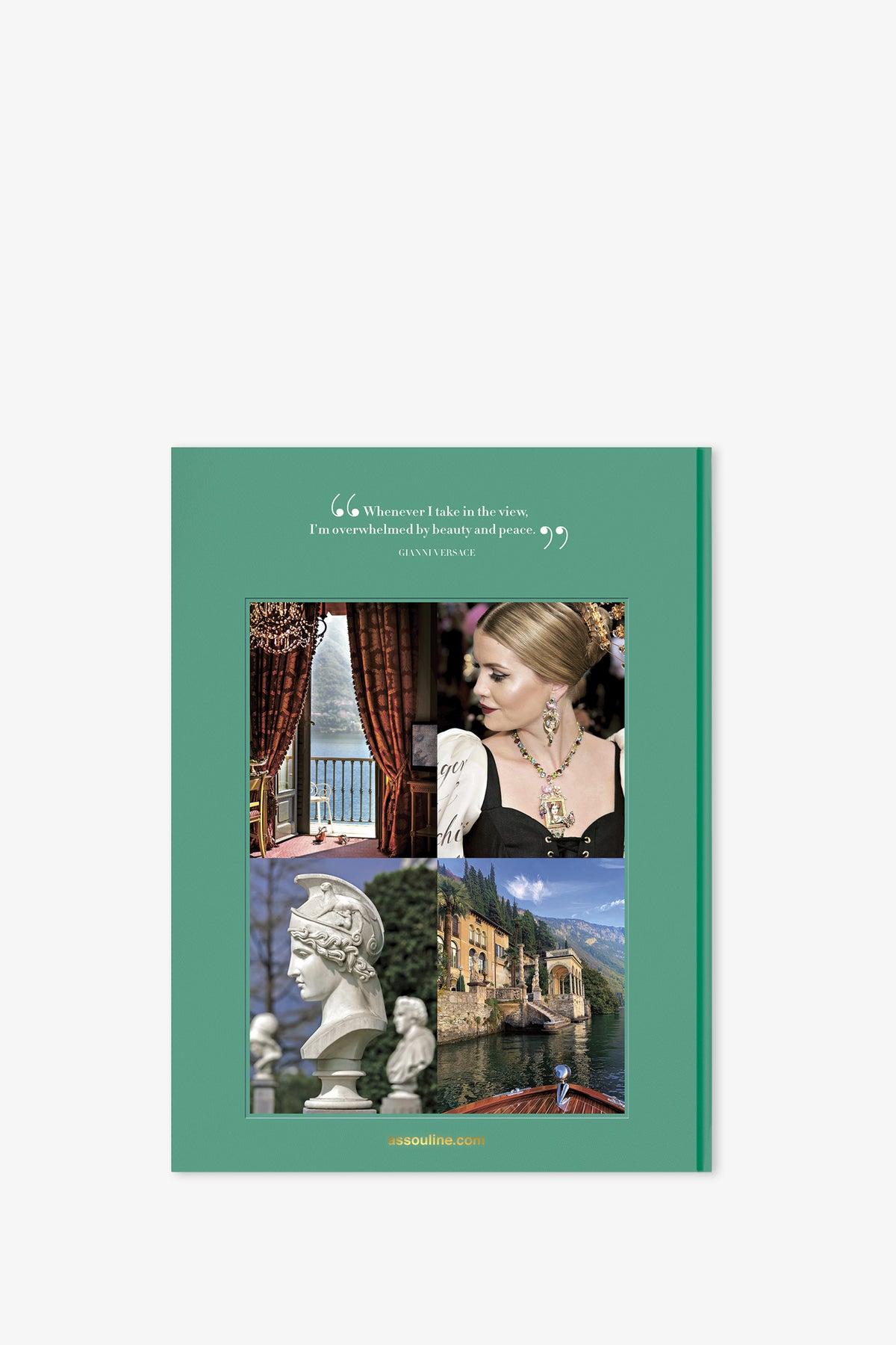 The Assouline Lake Como Idyll Book features a green-bordered cover with a quote at the top and four images—a scenic lake view, a woman adorned in jewelry, a classical marble bust, and an elegant villa by the water—plus the website assouline.com displayed at the bottom.