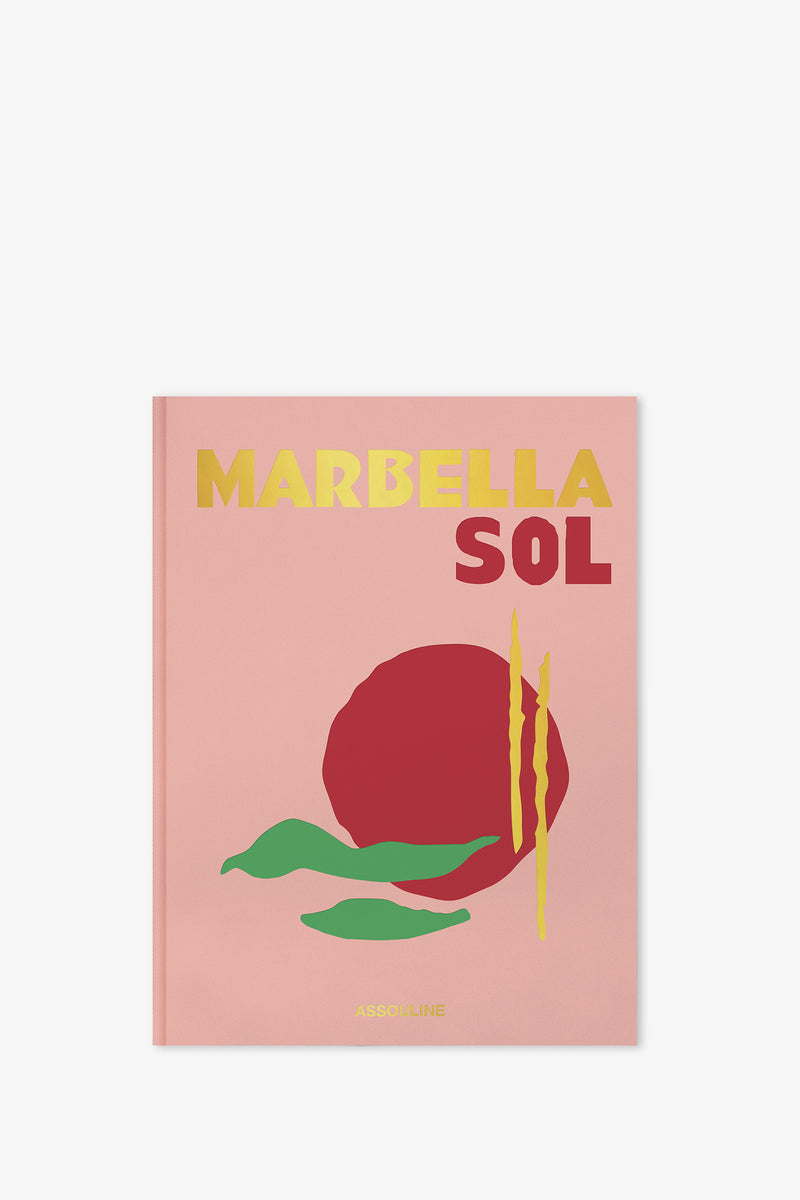 A pink book cover for the Assouline Marbella Sol Book, featuring bold yellow and red text, abstract shapes in red, green, and yellow, and the publisher name ASSOULINE at the bottom.