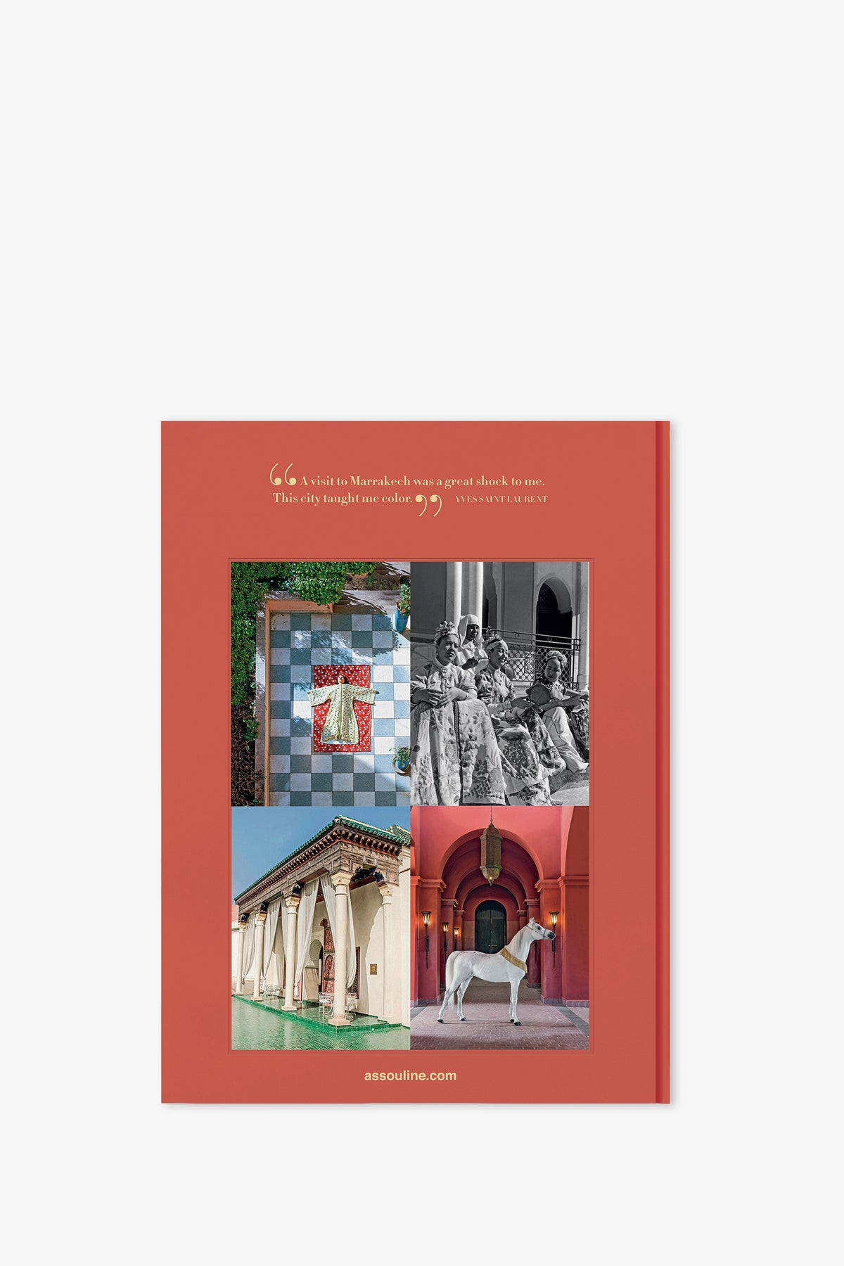 The back cover of the Assouline Marrakech Flair Book features a red border, four photographs depicting architecture, tilework, people in traditional dress, and a white horse, along with a travel quote about Marrakech at the top.