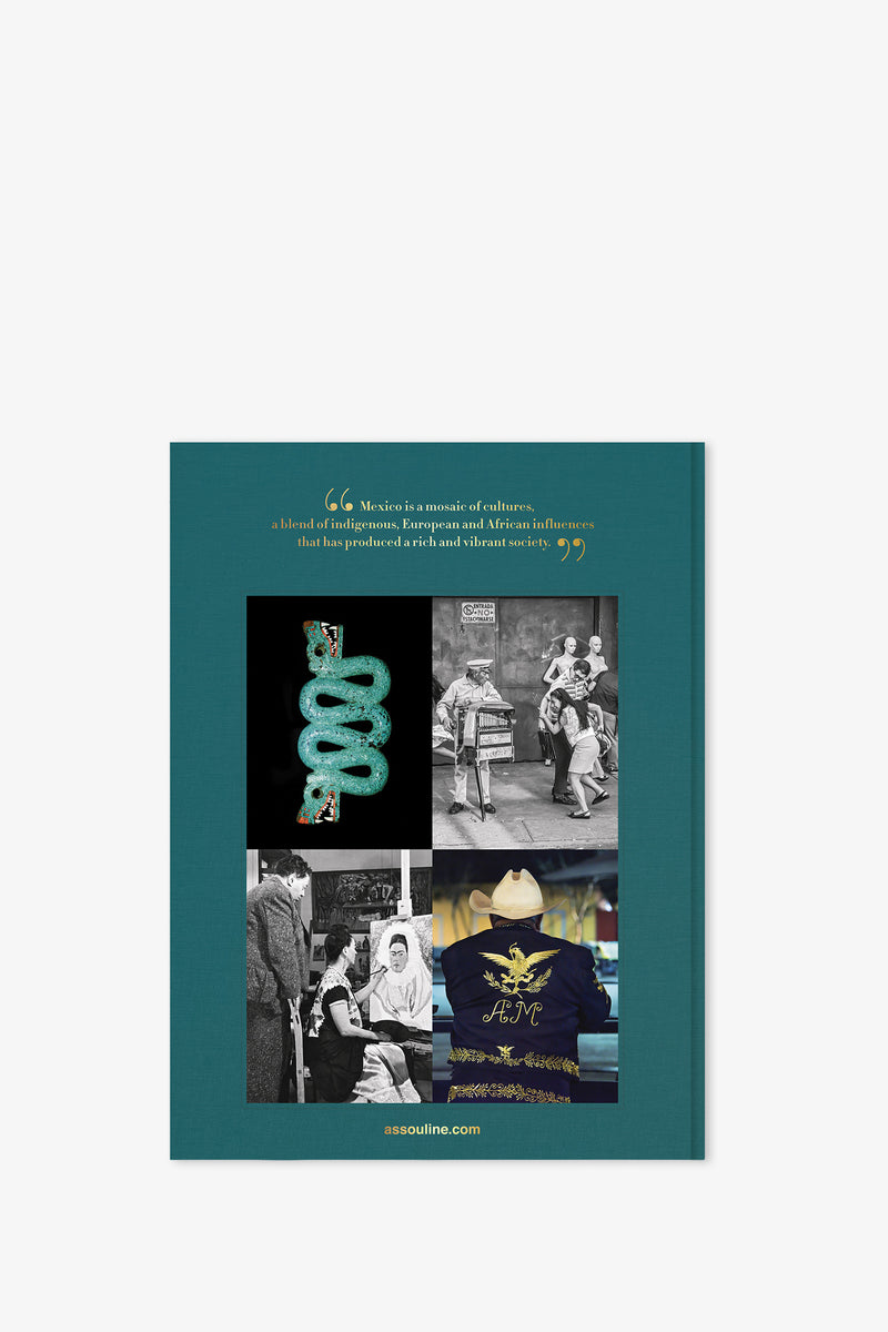 The Assouline Mexico City Book has a teal cover decorated with four black-and-white photos, a turquoise snake illustration, an image of a jacket with an eagle and the letters "AM," plus a gold quote at the top and assouline.com printed along the bottom.