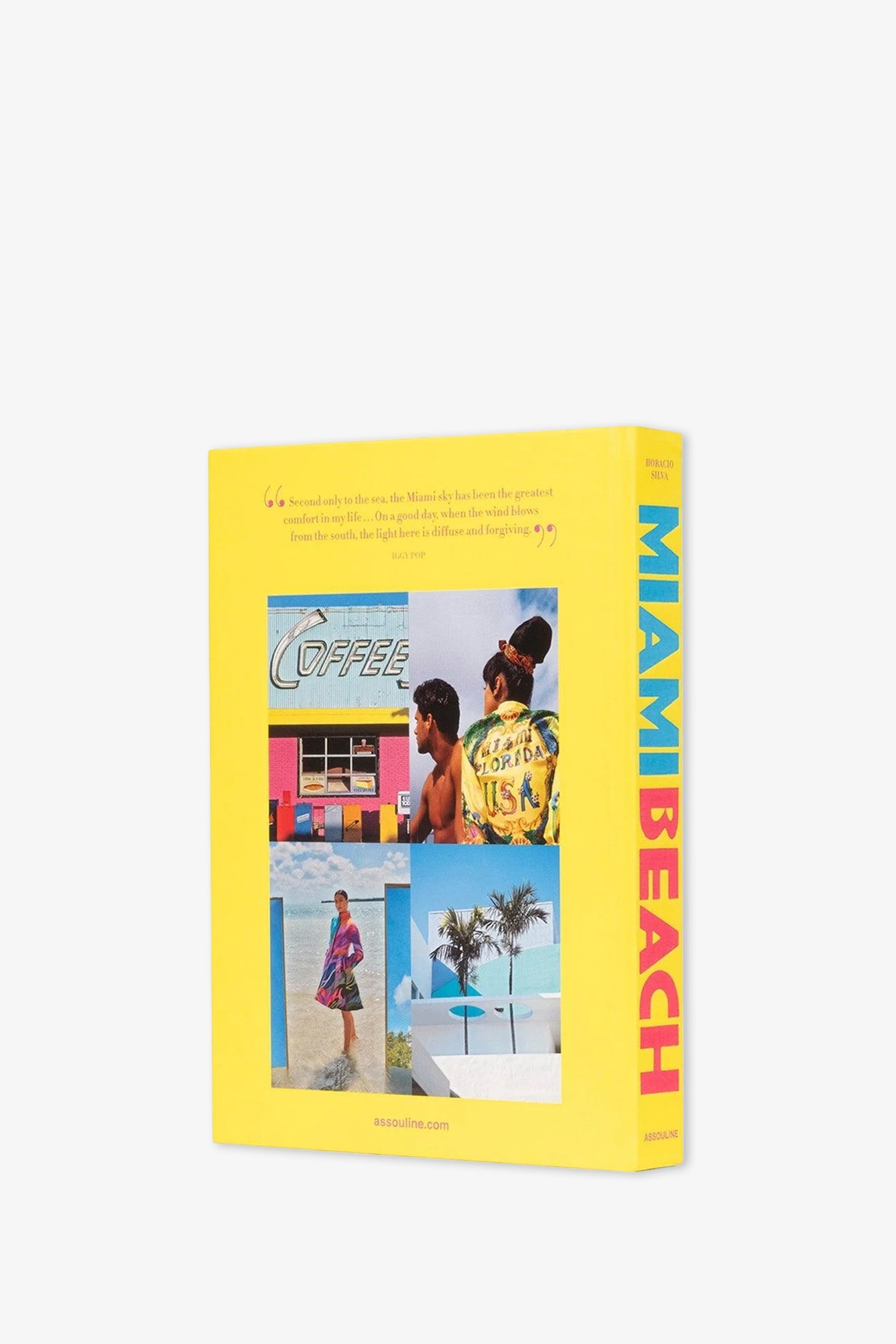 A vibrant Assouline Miami Beach Book with a yellow spine and blue text, featuring a cover adorned with small, colorful photos of beaches, palm trees, vivid walls, and sun-soaked scenes.