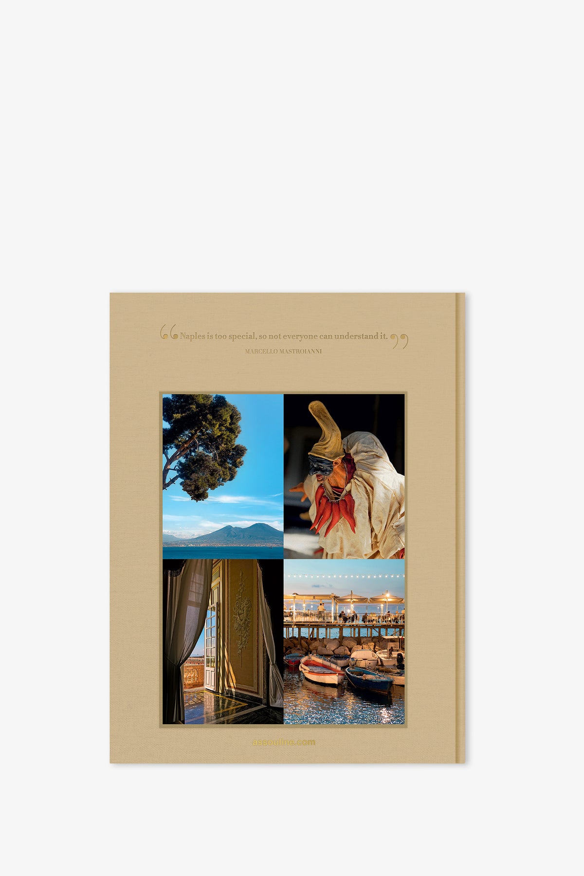 A beige cover of the Assouline Napoli Amore Book, featuring a quote at the top, images of a tree, scenic landscape, a masked figure, ornate curtains, and boats on water, with "CERERIA IN ITALIA" displayed at the bottom.