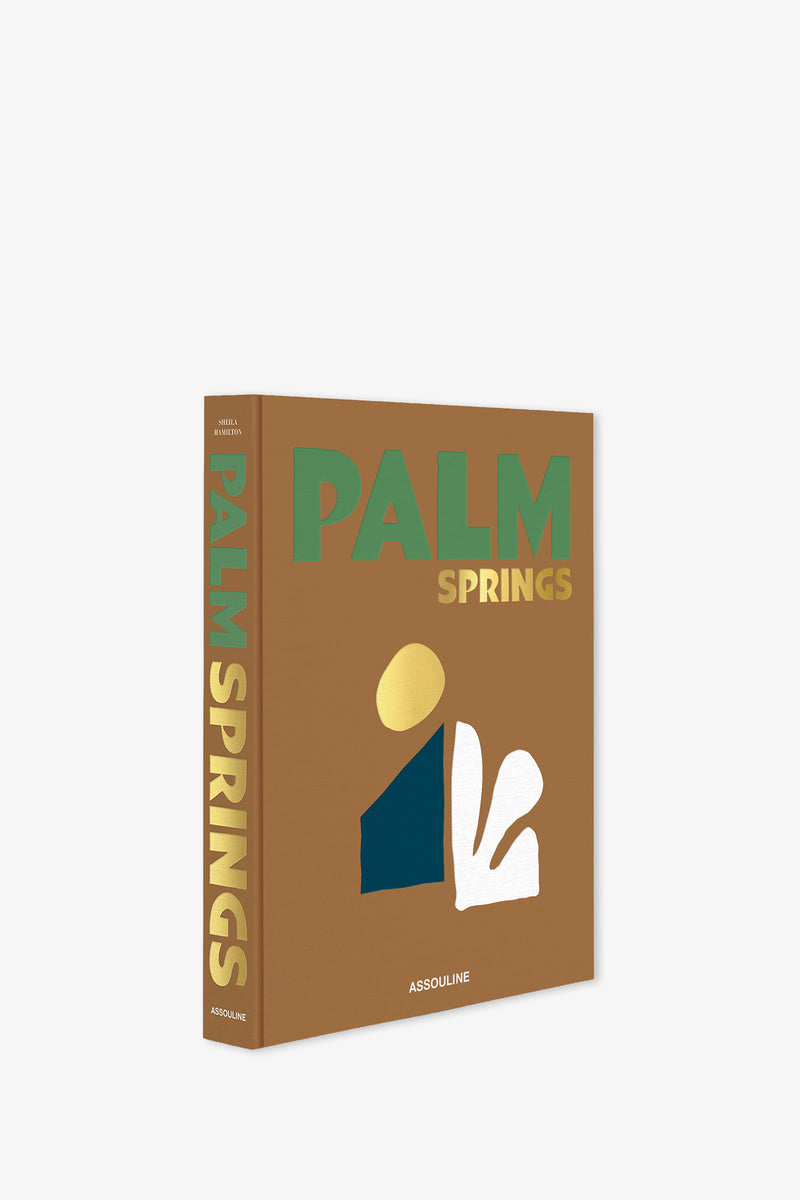 A brown hardcover Assouline Palm Springs Book featuring bold green and gold lettering, abstract shapes on the cover, and the publisher’s name at the bottom.