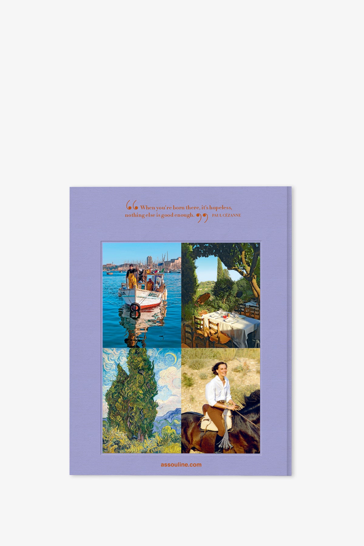 The Assouline Provence Glory Book features a lavender cover adorned with three art pieces—a boat on water, a lush garden scene, and a person on horseback. A quote appears above the images, with assouline.com displayed below.