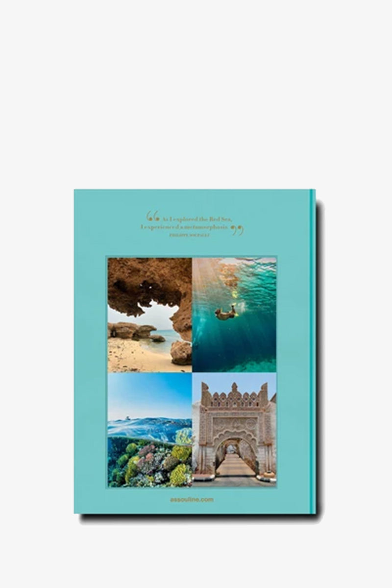 A turquoise cover for the Assouline Saudi Arabia: Red Sea Book features four photos—a rocky beach, a swimmer underwater, a lush landscape, and an ornate stone archway—with text above the images and assouline.com printed at the bottom.