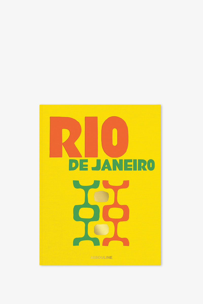 The Assouline Rio De Janeiro Book features a vibrant yellow cover with "RIO DE JANEIRO" displayed in bold red and green lettering, complemented by a decorative pattern in matching hues beneath the title, and the publisher’s name, Assouline, at the bottom.