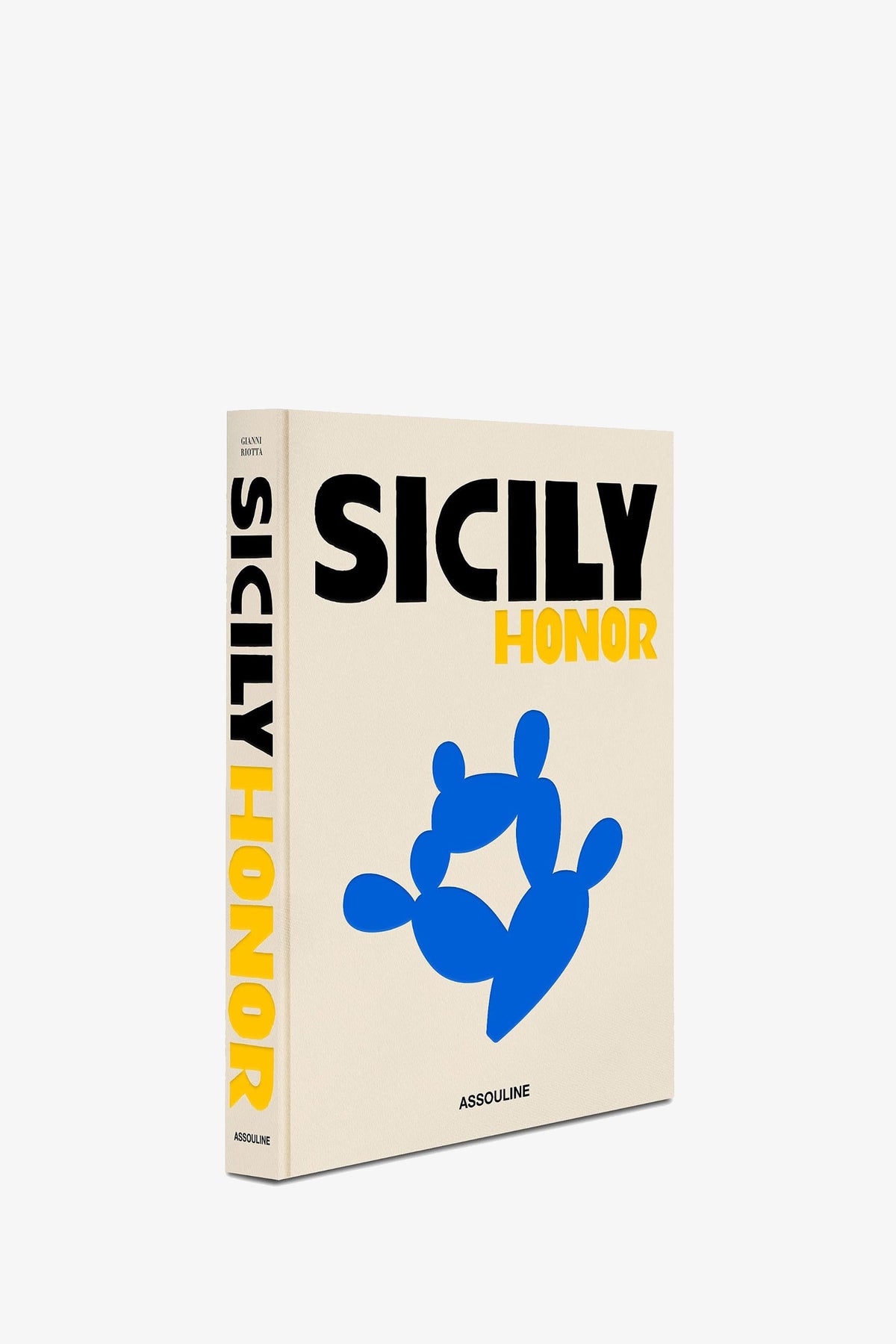 A cream Assouline Sicily Honor book shown at an angle, with the blue cactus illustration on the cover and the title in black and yellow along the spine.