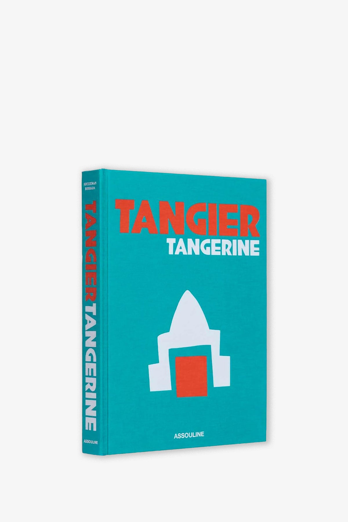 Assouline Tangier Tangerine hardcover book with a turquoise cover, orange title text, and a white graphic icon.