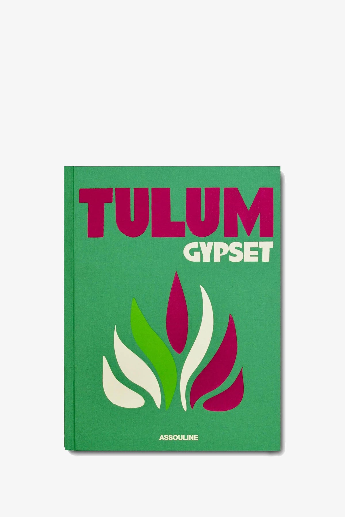 Assouline Tulum Gypset Book, a green hardcover with an abstract floral graphic in green, white, and magenta.