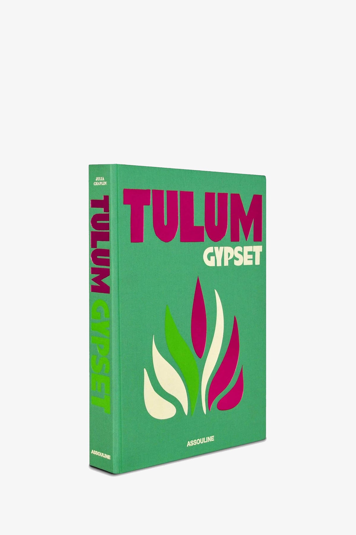 Assouline Tulum Gypset book with a green hardcover featuring the title in magenta and a stylized leaf graphic.