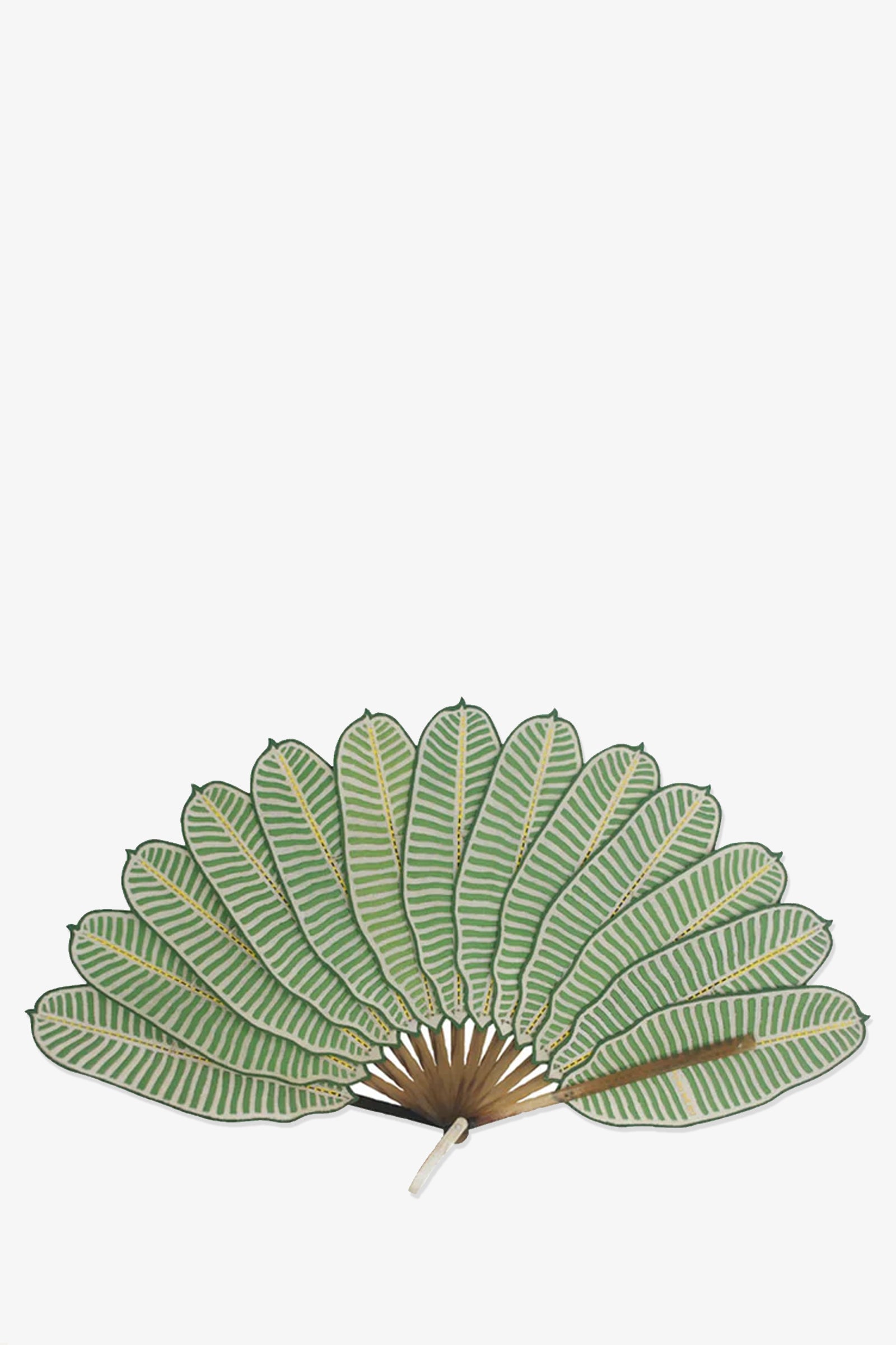 The Pu Bu Me Su Banana Leaf Fan is a handheld fan with green and white striped, leaf-shaped blades in a semi-circle and a brown handle, resembling tropical leaves, set against a plain white background.
