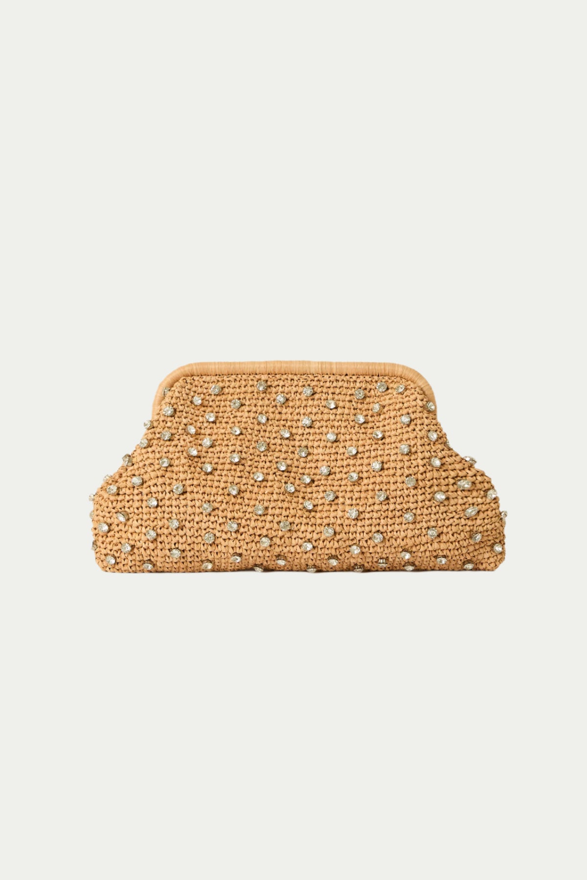 The Briar Crystal Clutch in Honey features a tan woven design with small, evenly spaced silver studs, displayed against a plain white background.