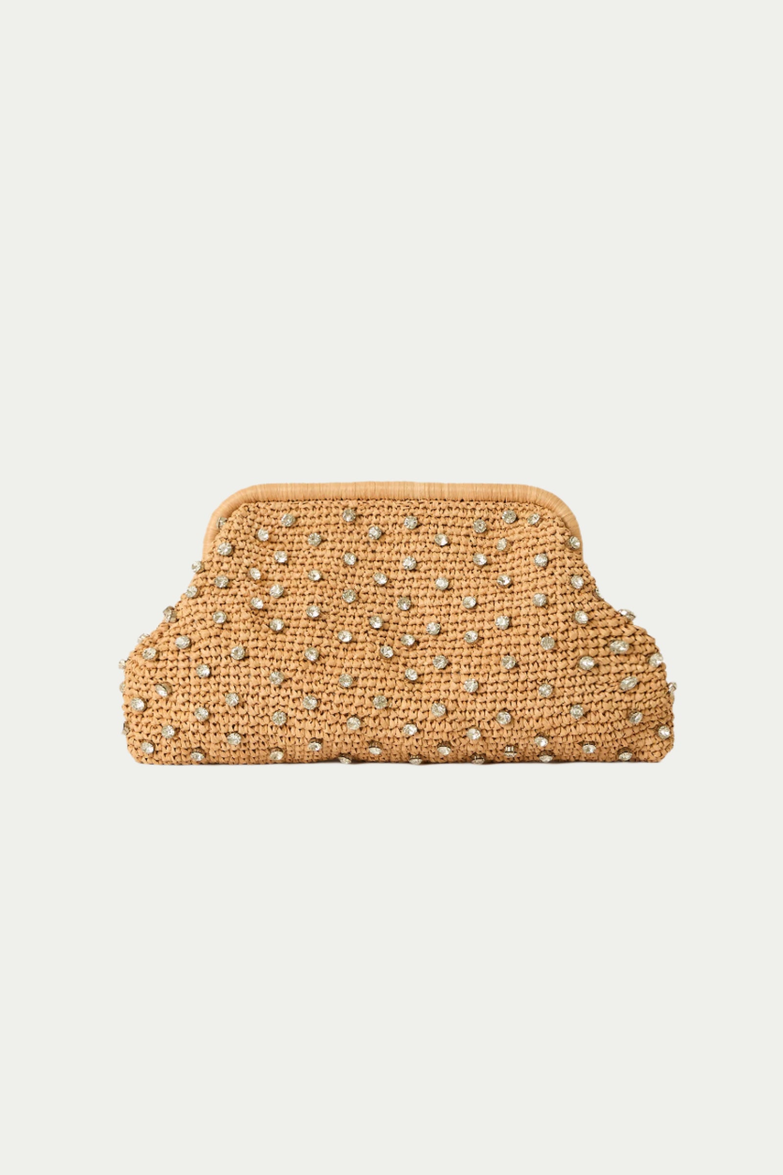 The Briar Crystal Clutch in Honey features a tan woven design with small, evenly spaced silver studs, displayed against a plain white background.
