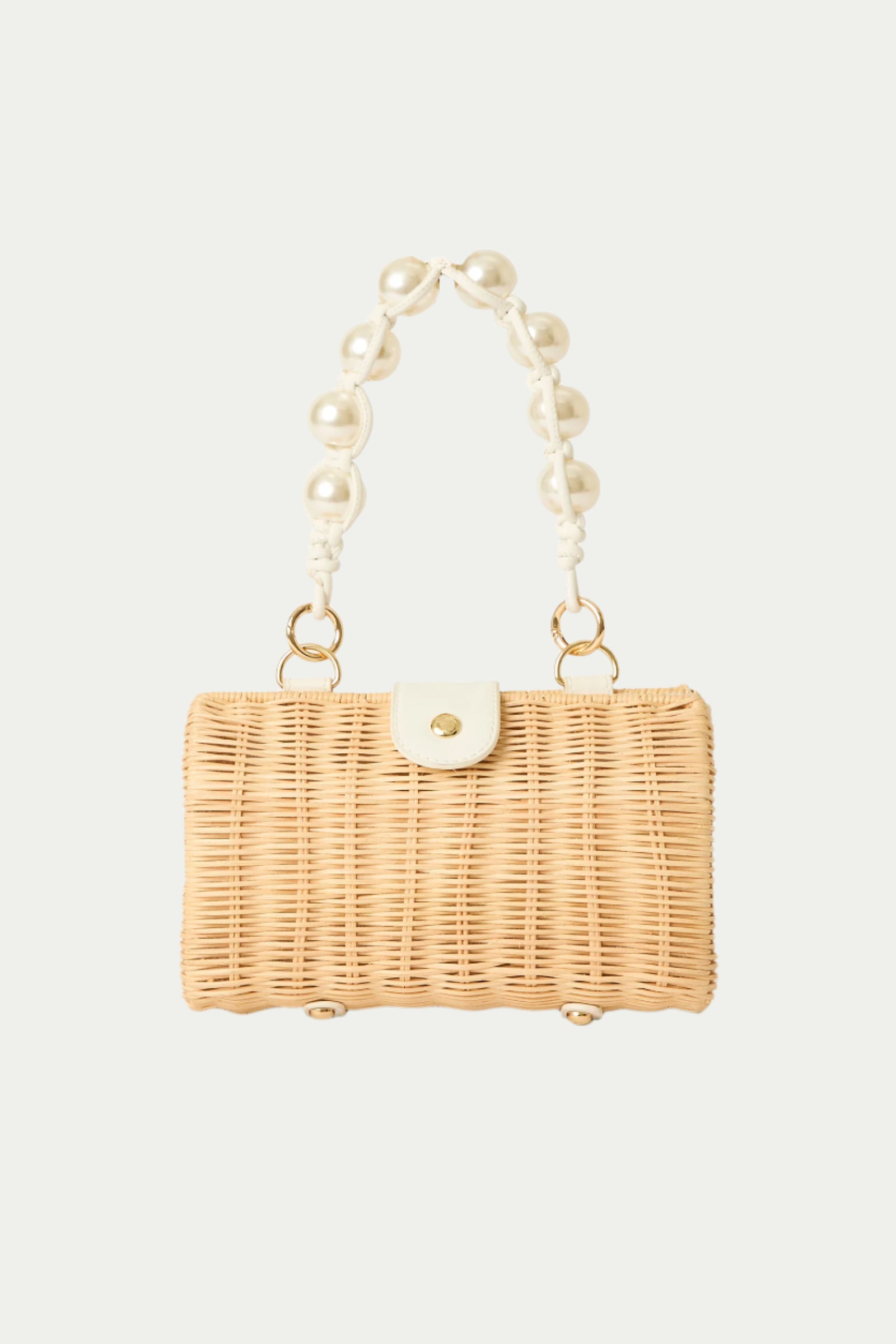 BTB Page Woven Leather Clutch in Natural color, featuring a rectangular woven straw design, white leather clasp, and handle with large white pearls, displayed on a plain light background.