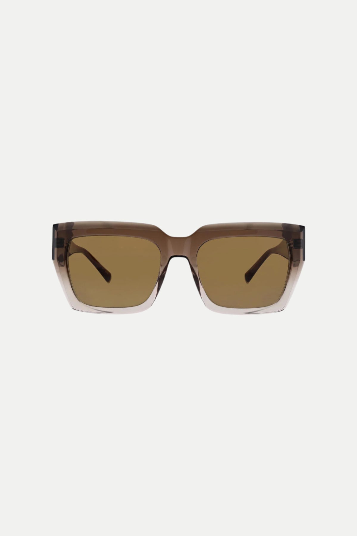 Front view of MRT Bruno Square Acetate Sunglasses in brown, featuring thick translucent brown frames and matching lenses, displayed against a plain white background.