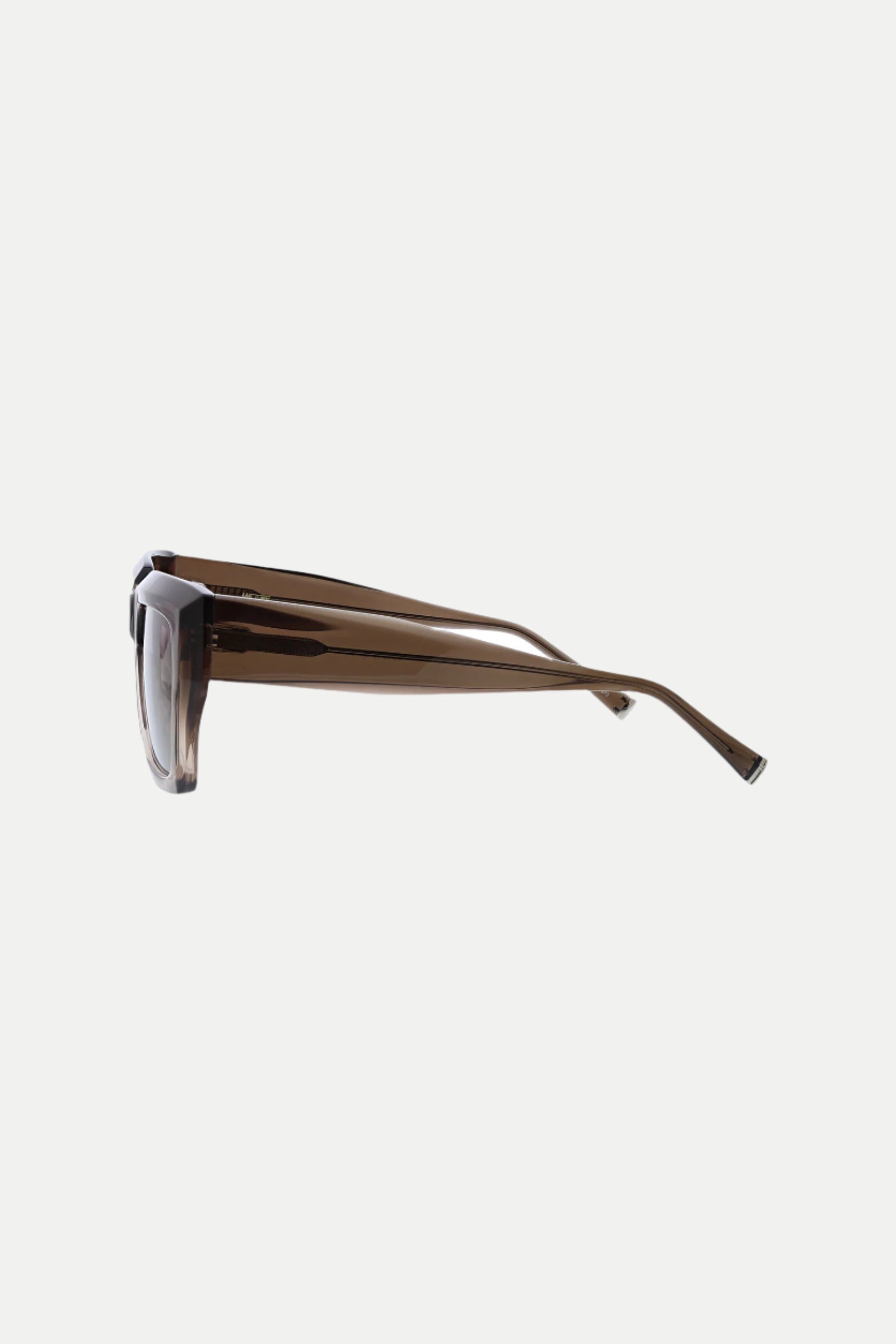 Side view of MRT Bruno Square Acetate Sunglasses featuring thick, translucent brown frames and matching temples, displayed against a plain white background.