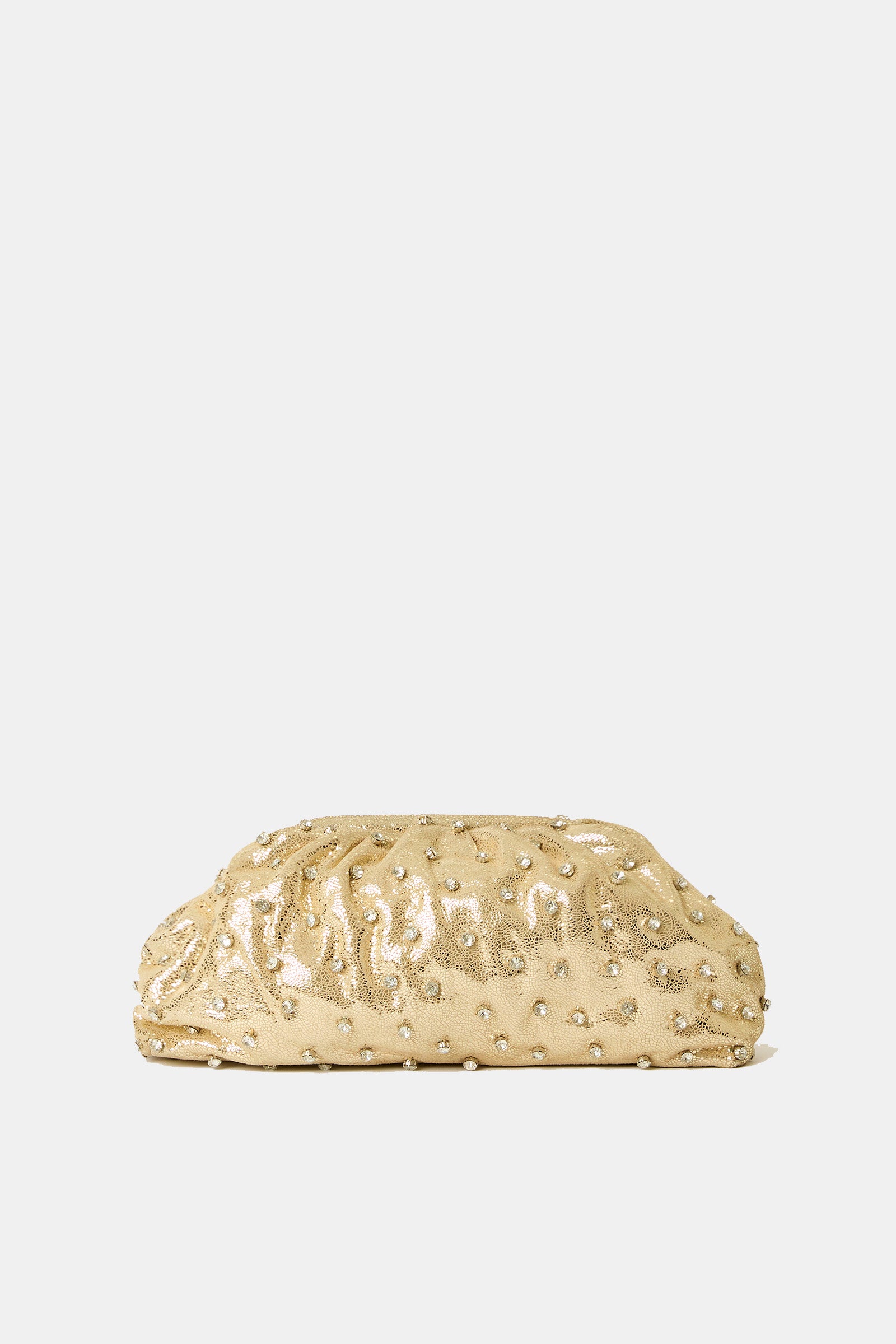 Amethyst Clutch in gold, featuring sequins and small bead embellishments, displayed against a plain white background.