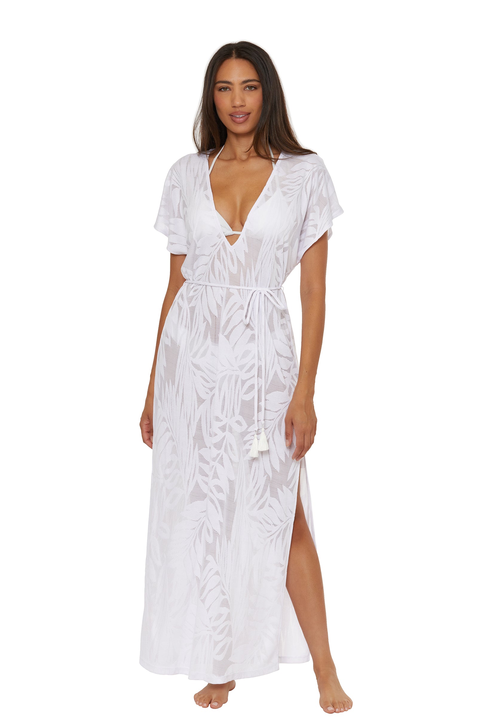 Kai Women's Lightweight Chiffon Beach Cover Up - V-Neck Empire Waist With Drawstring, Tropical Print