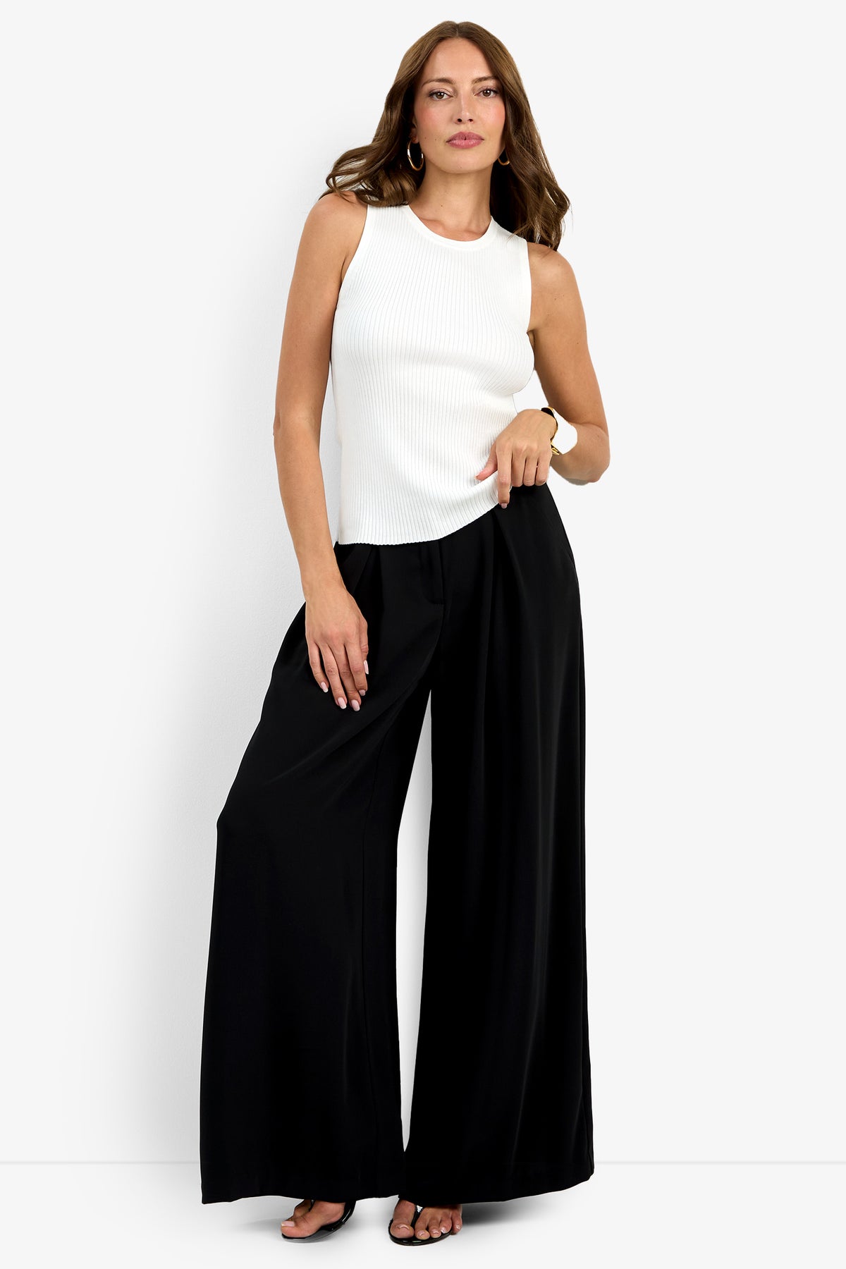A woman with long brown hair, hoop earrings, and black sandals stands against a white background wearing the Hampton Crewneck Top and high-waisted, wide-leg black trousers.