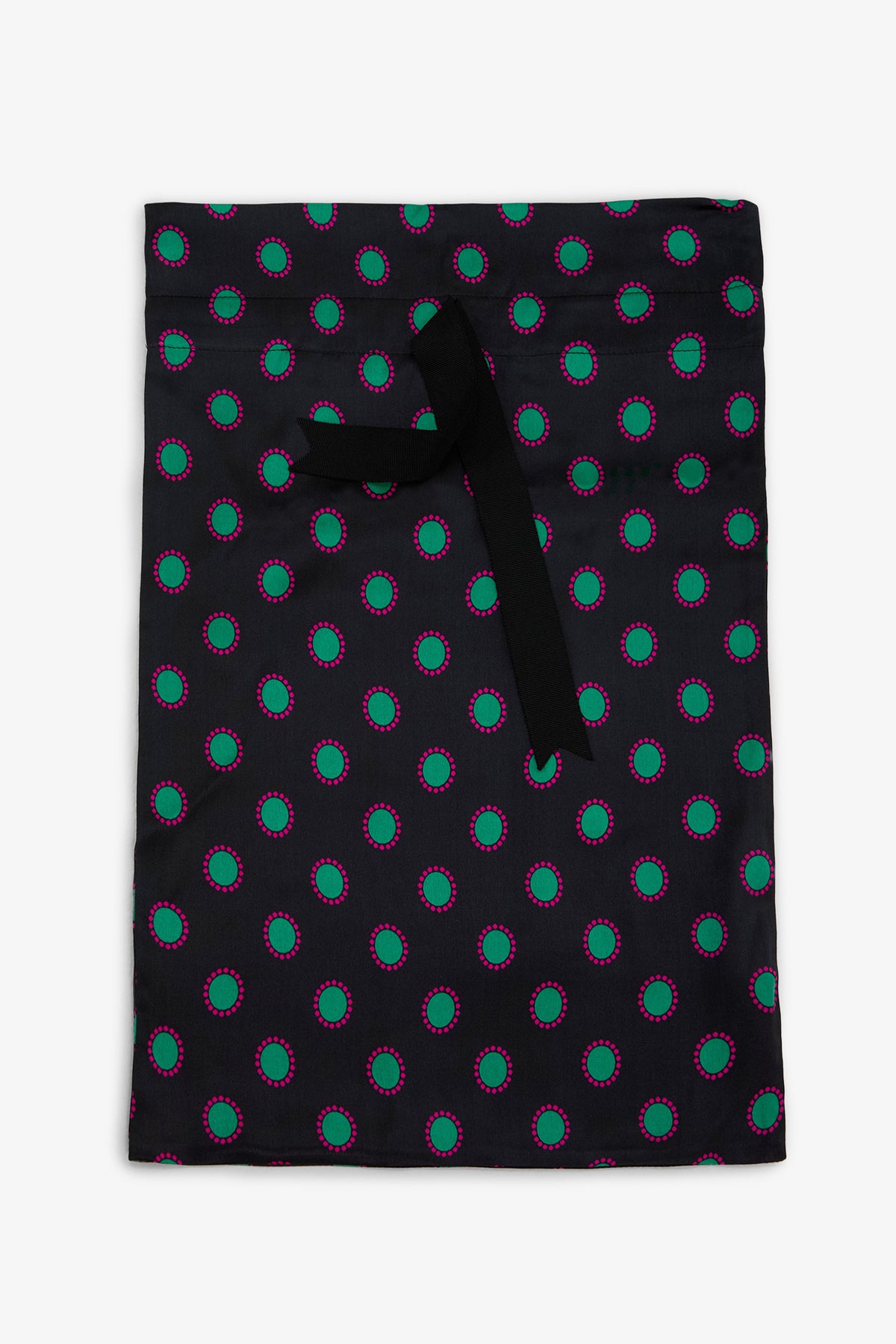 GEMSTONE PAJAMA GIFT BAG: a black drawstring bag featuring a repeating pattern of green circles outlined in pink.