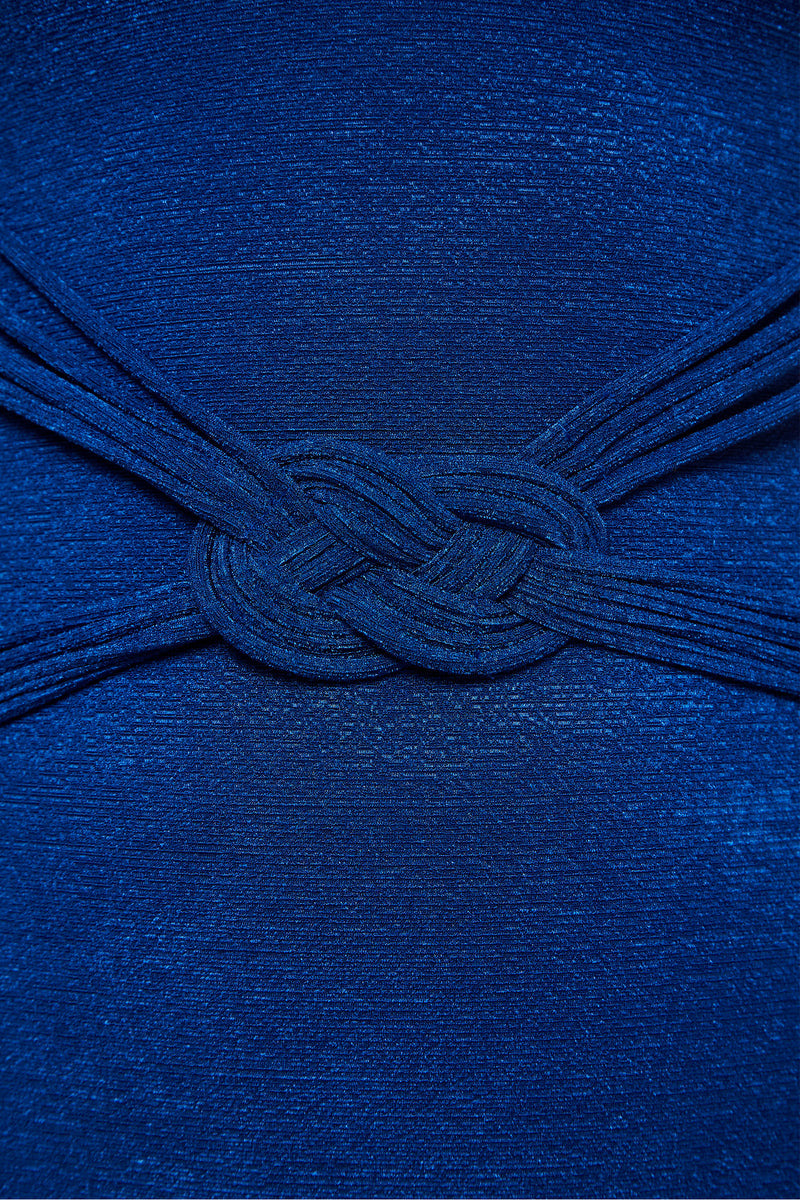 Close-up of the Crete Crepe Braided Belt 1Pc in textured royal blue fabric, featuring multiple bands intricately knotted at the center.