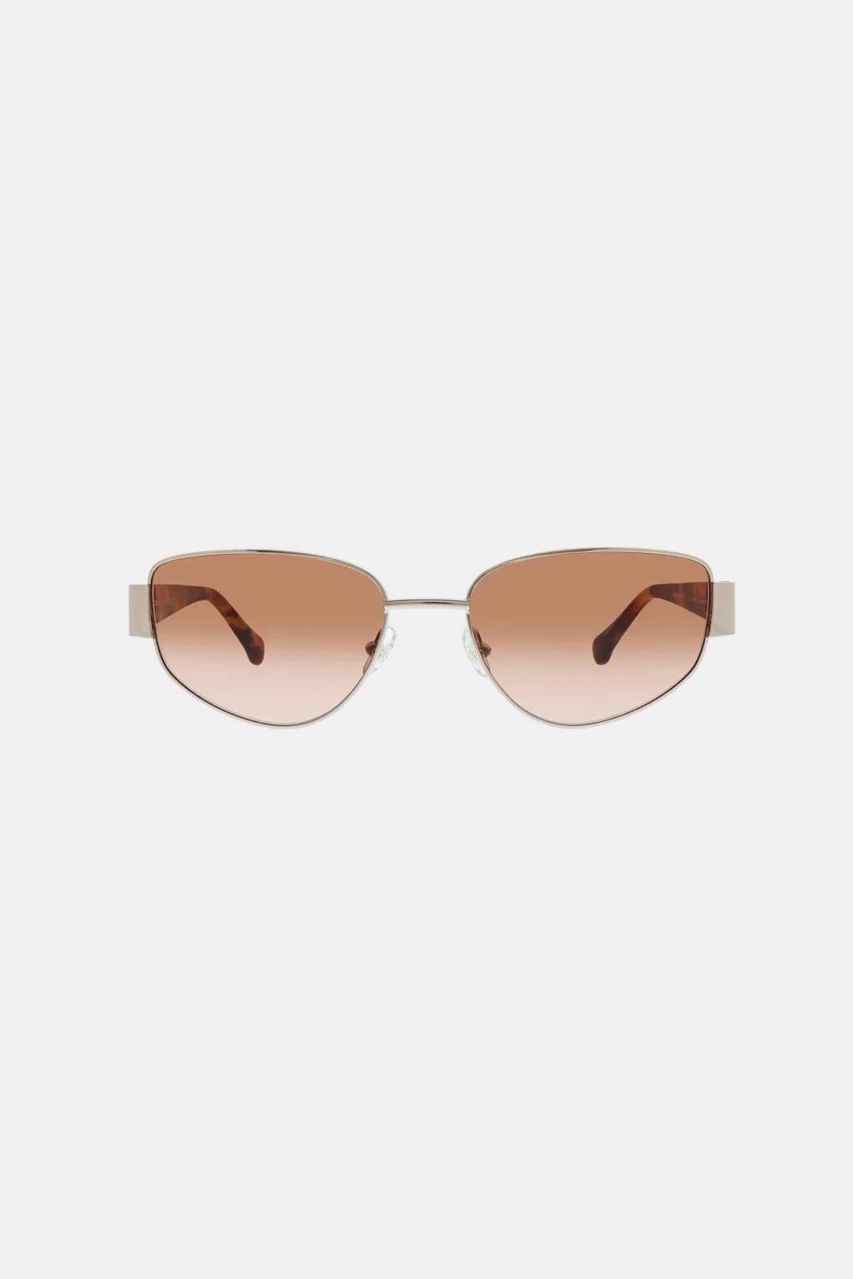 Front view of Dunes Sunglass featuring thin metal frames, brown-tinted oval lenses, straight arms, and a minimalist design on a white background.