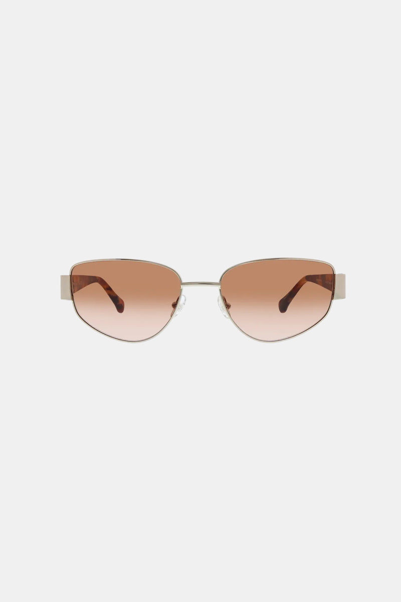 Front view of Dunes Sunglass featuring thin metal frames, brown-tinted oval lenses, straight arms, and a minimalist design on a white background.