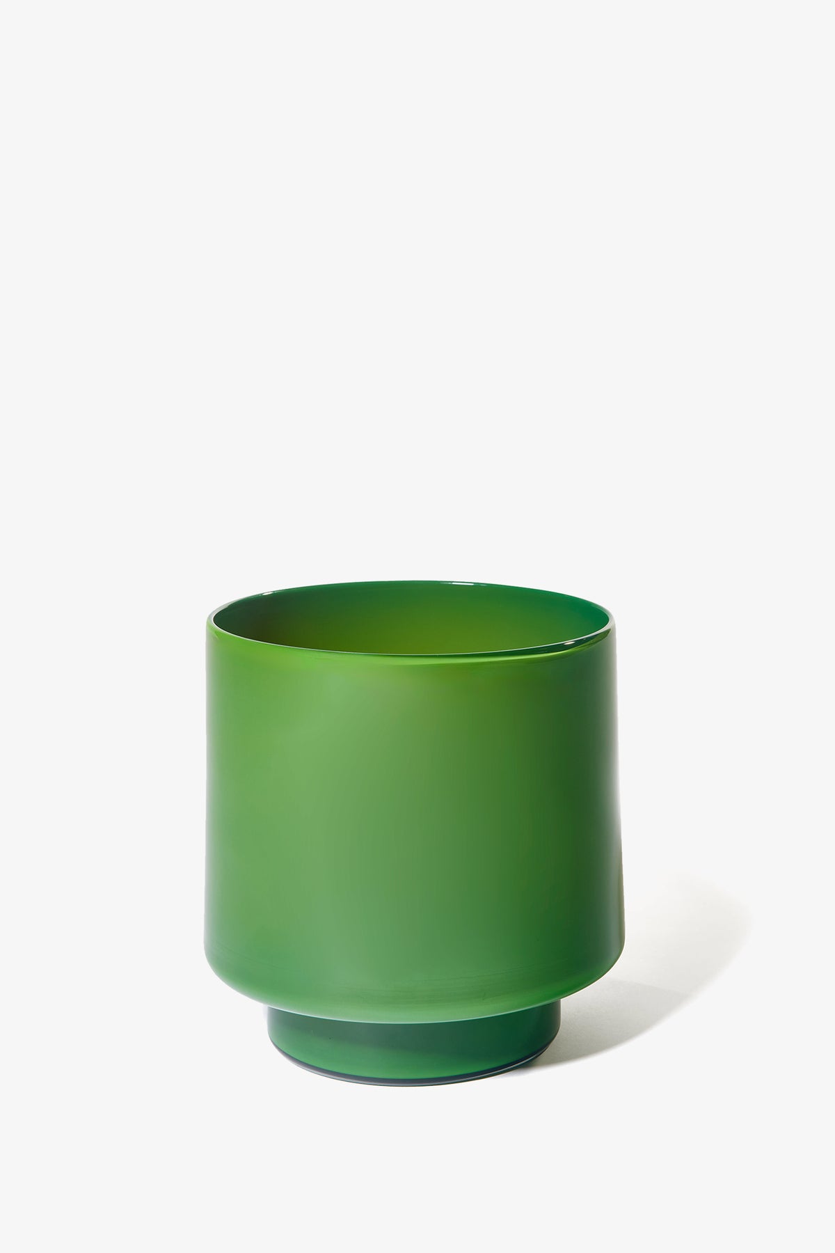 The Fiorelli Low Container is a modern, matte green cylindrical planter with a slightly wider base, displayed against a plain white background.