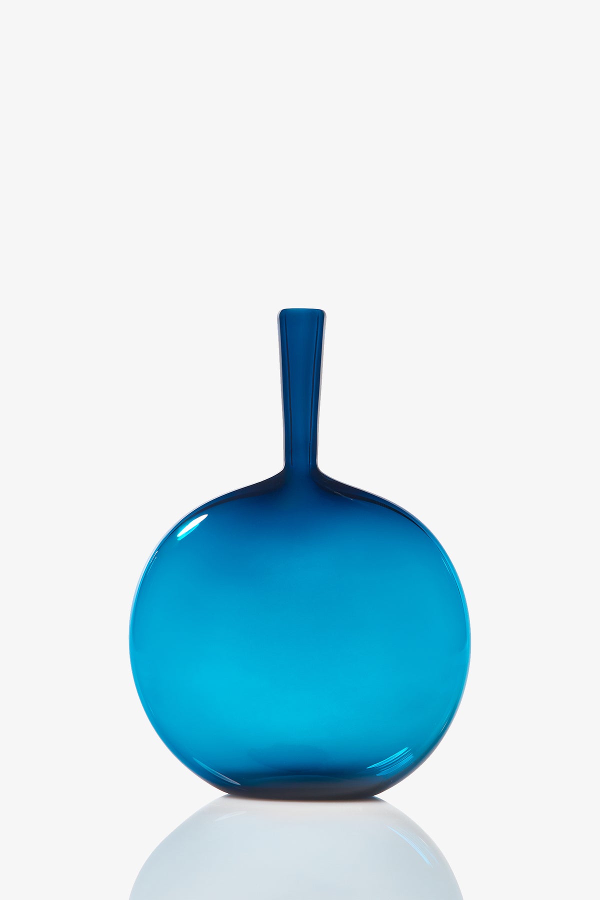 The Flask Angelic Bottle is a round, flattened blue glass vase with a narrow neck, shown upright against a plain white background.
