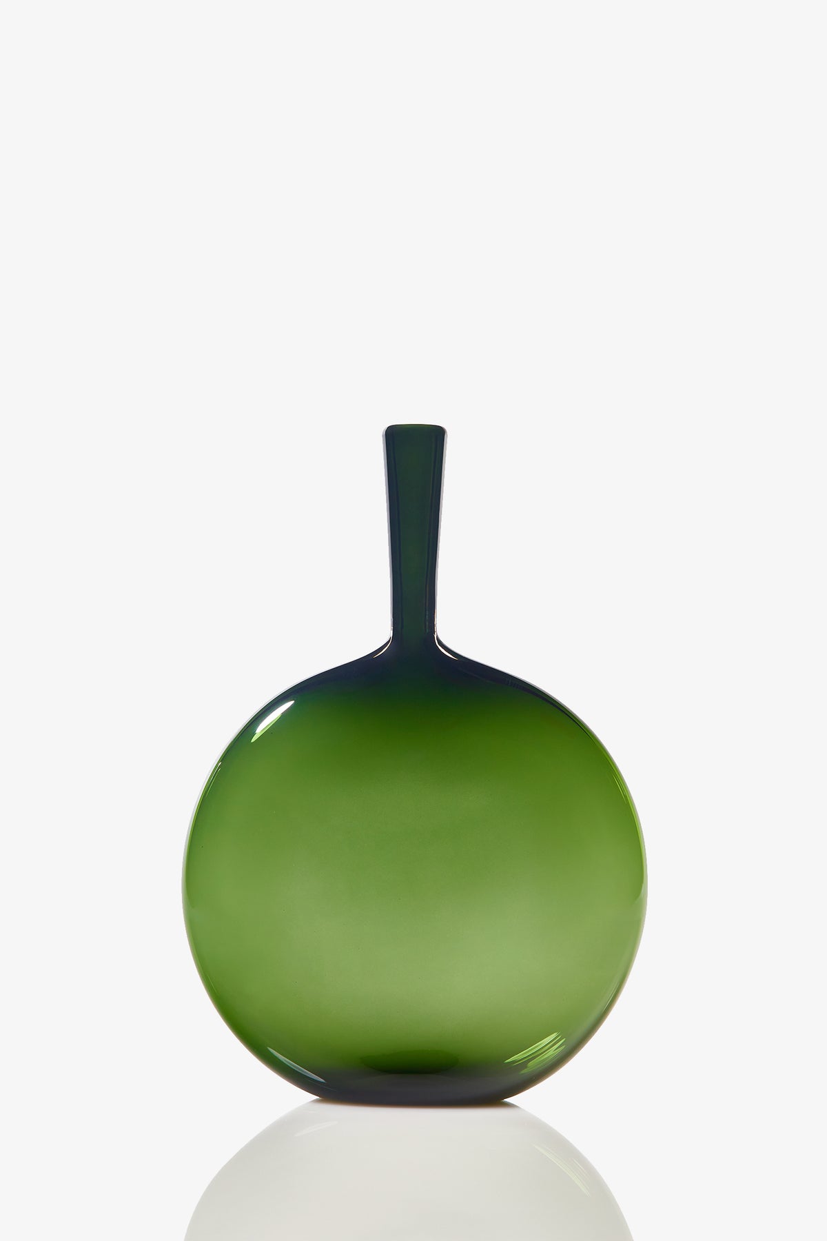 The Flask Angelic Bottle is a round, flat, green glass vase with a narrow neck, shown on a plain white background with a subtle reflection underneath.