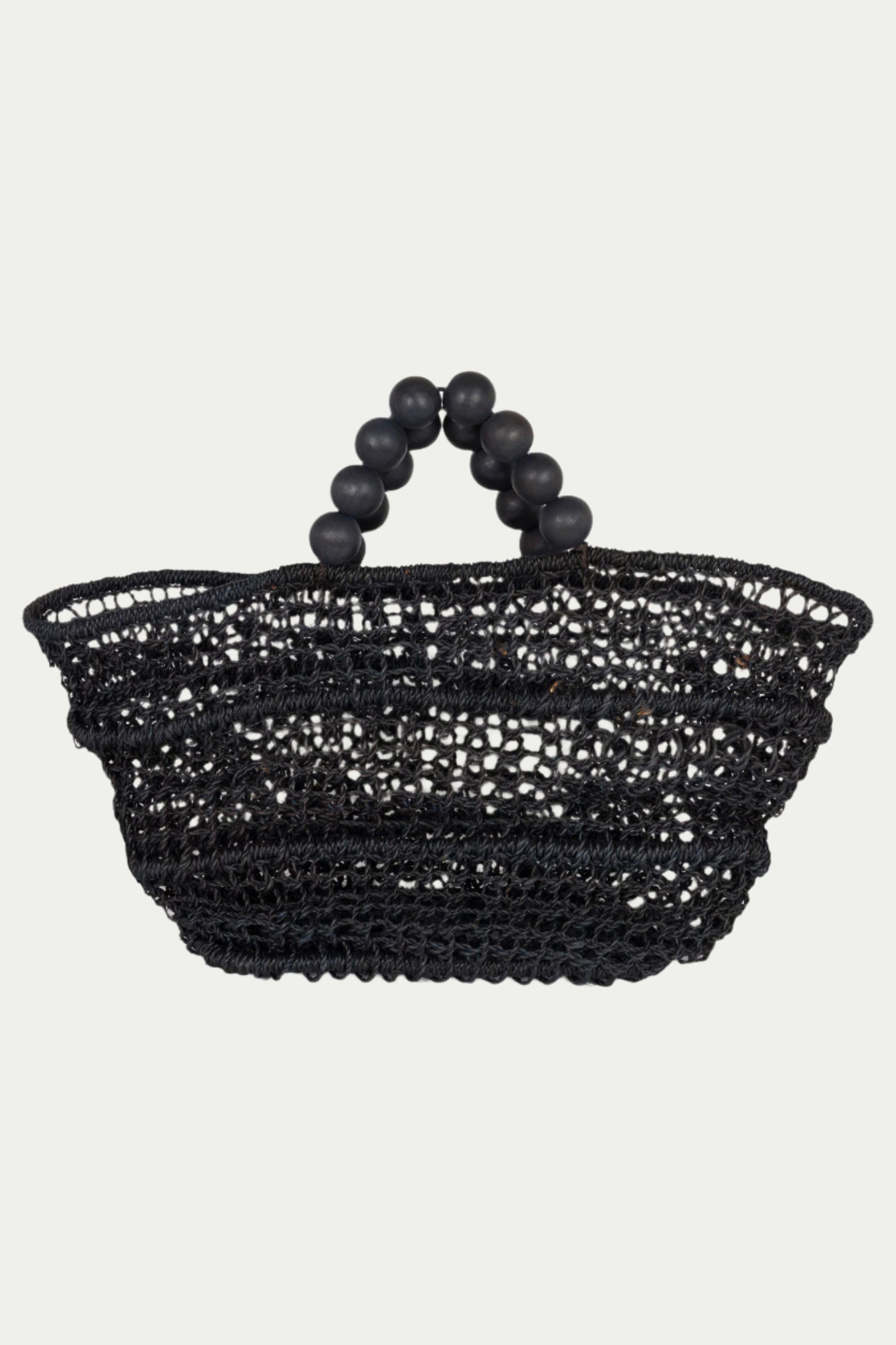 The Poolside Comporta Black Open-Weave Tote in midnight blue features a round, open structure and two handles made of large beads, shown against a plain light background.