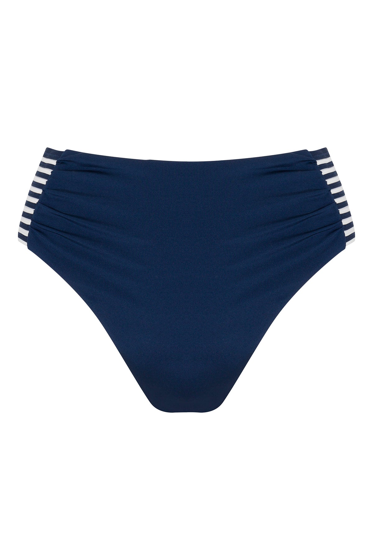 Monaco Pleated High-Waist Bikini Bottom in navy blue features ruched sides and white and navy striped accents on both hips, shown against a white background.