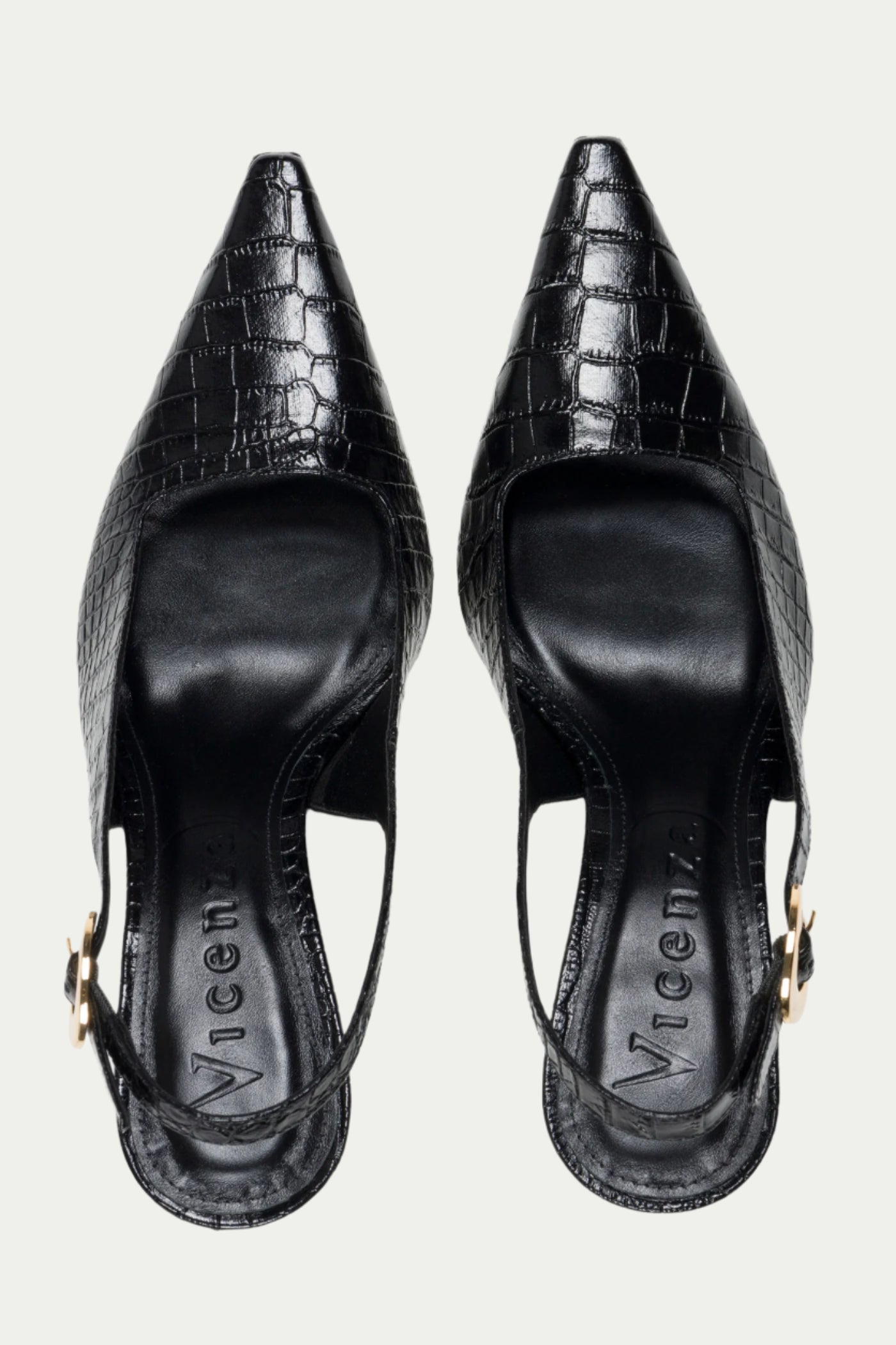 The Naomi Slingback Heel is a black, pointed-toe heel with a crocodile texture and gold buckle detail, shown from above.