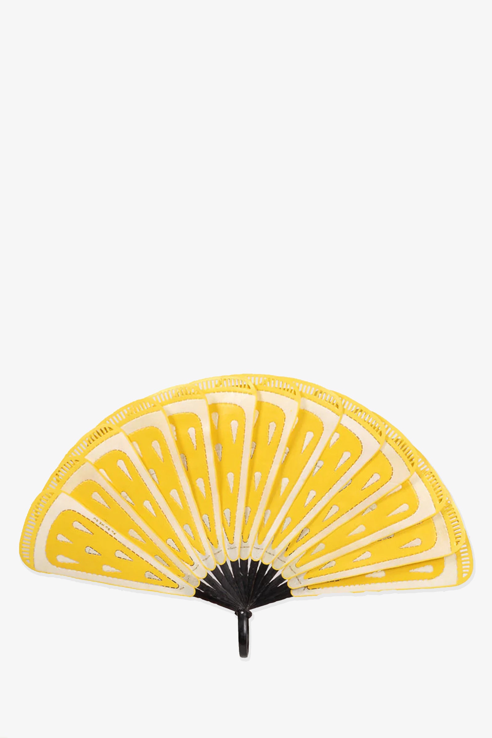 The Pu Bu Me Su Lemon Fan is a handheld fan with yellow and white segments resembling lemon slices and a black handle, shown against a white background.