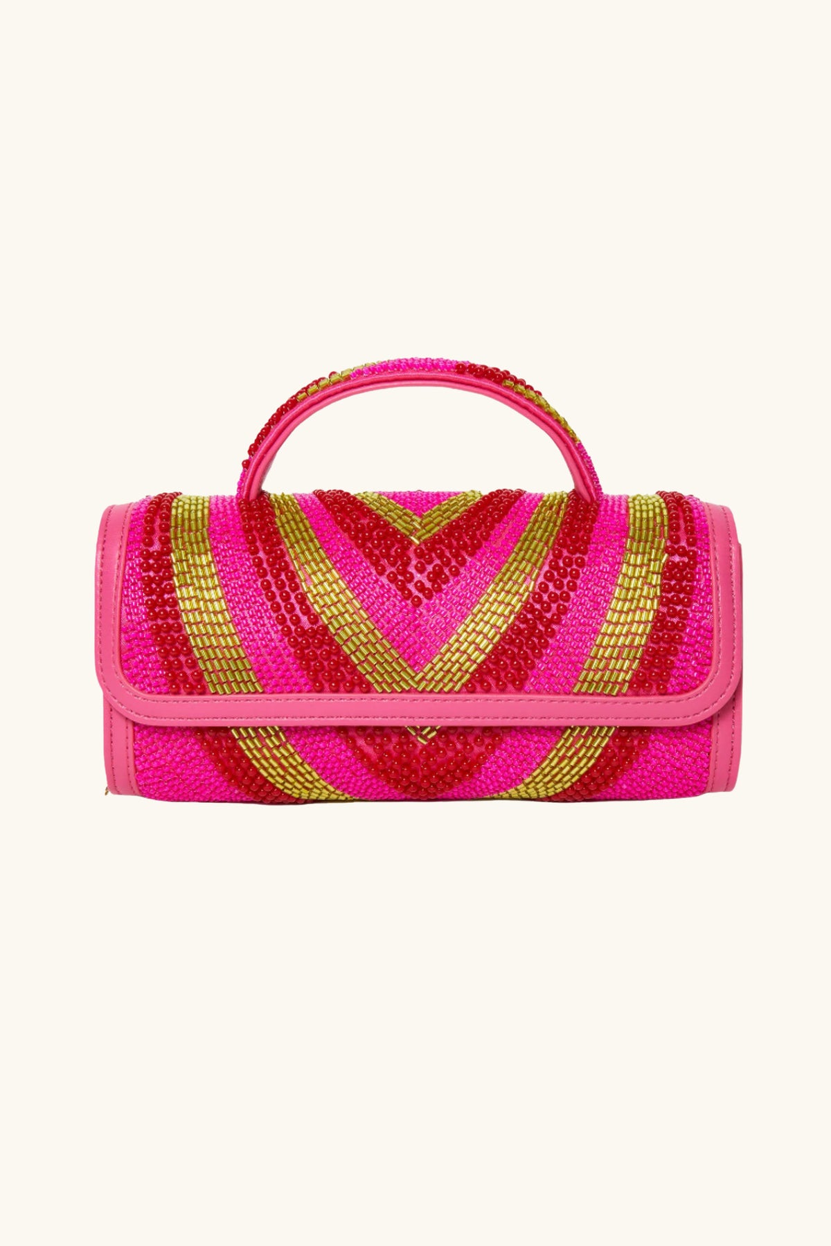 The Lele Sadoughi x Trina Turk Mini Tabitha Bead Bag is a small cylindrical handbag with a top handle, featuring bright pink, red, and gold sequin chevron patterns and pink trim on the edges and handle.