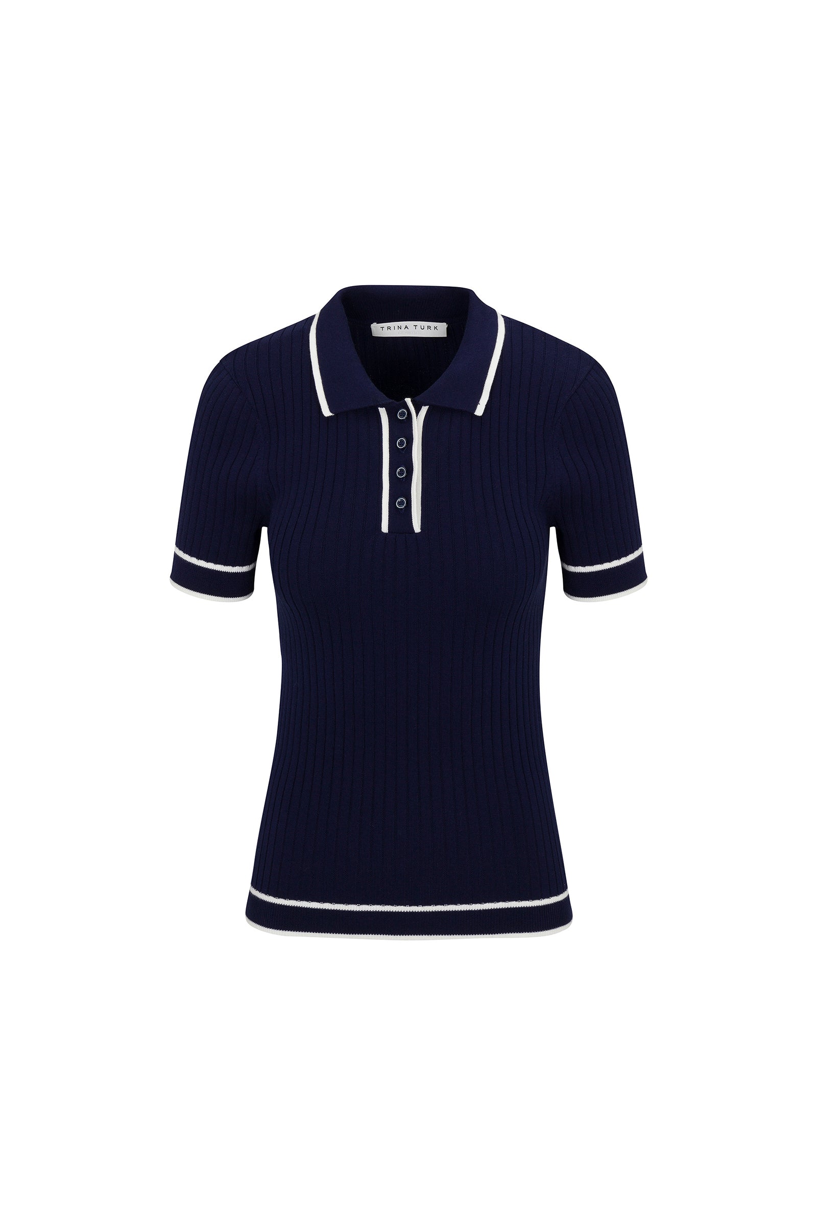 The Stance Contrast Trim Short-Sleeve Polo in navy blue features white trim on the collar, button placket, sleeve cuffs, and hem, shown against a plain white background.
