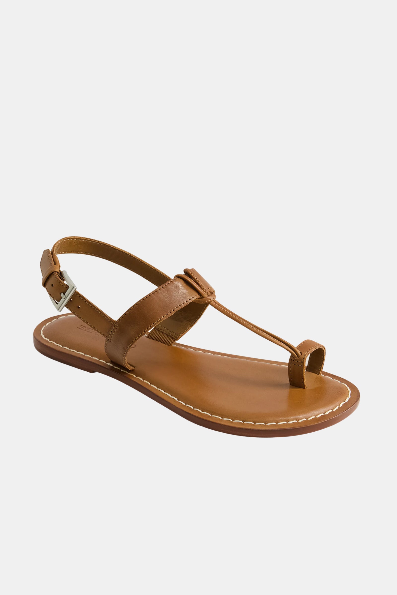 Bernardo Maverick 2 Sandal—brown leather with a toe loop, ankle strap, small metal buckle, and white-stitched sole—shown against a plain white background.