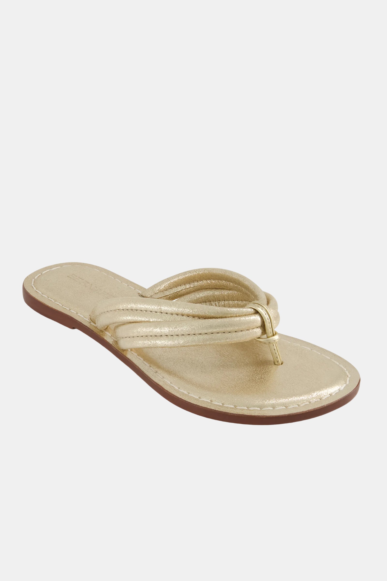 The Miami Sandal is a gold metallic flip-flop with a brown sole, padded thong strap, and visible edge stitching, shown against a white background.