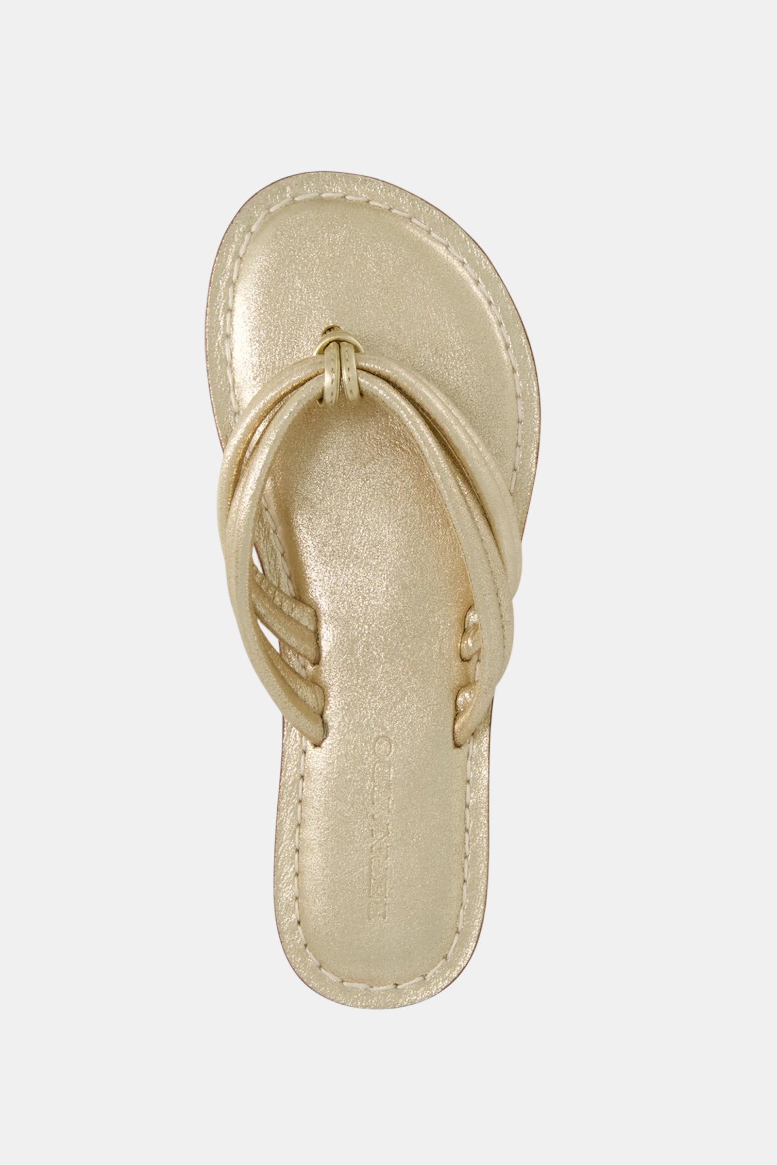 Top view of the Miami Sandal in gold, featuring a double-strap thong design and visible edge stitching, set against a plain white background.