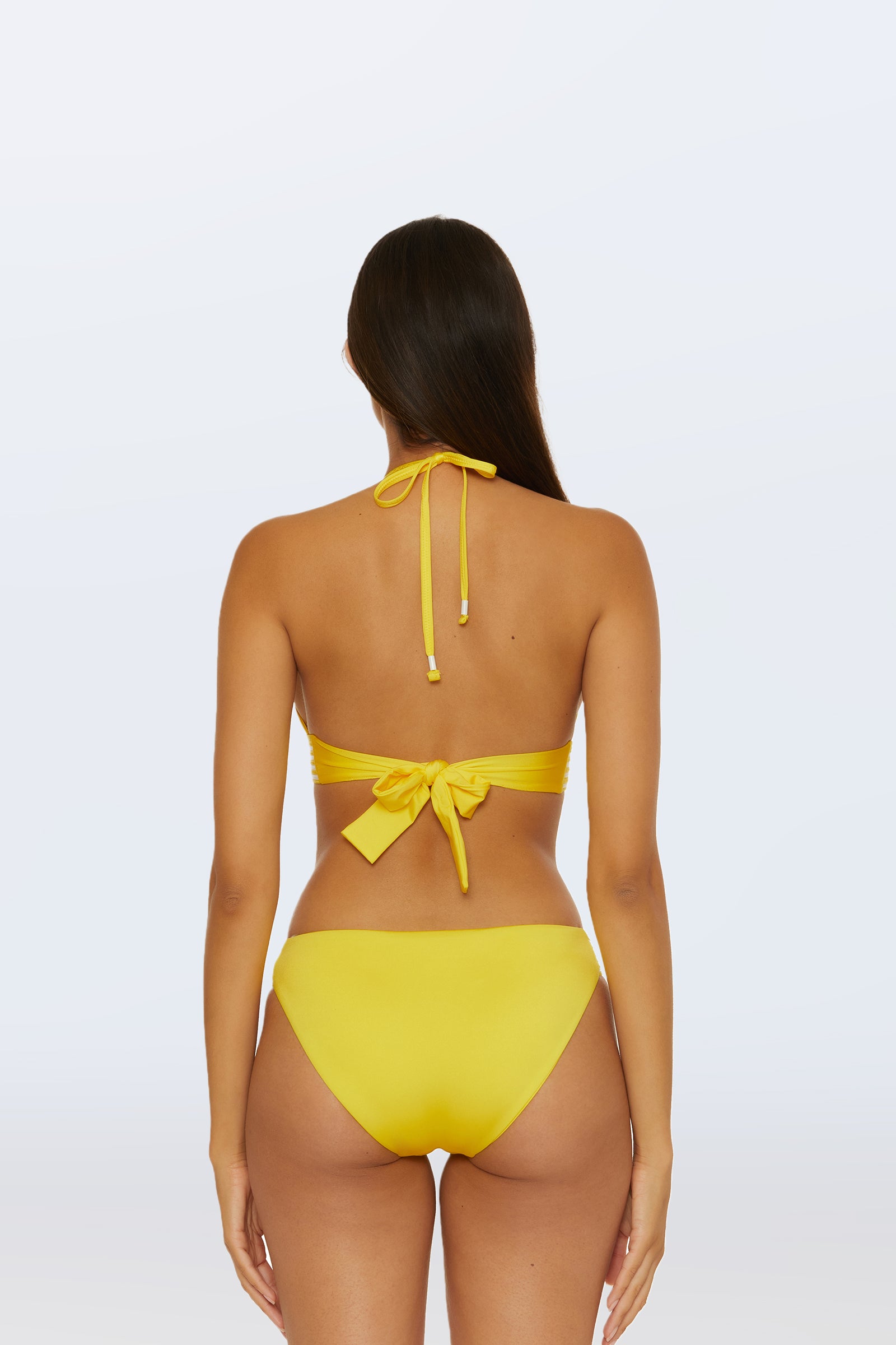 A woman with long brown hair is shown from the back, wearing the Monaco Pleated Tab Hipster Bottom in Desert Sun. She pairs it with a matching bikini top, and stands against a plain light gray background.