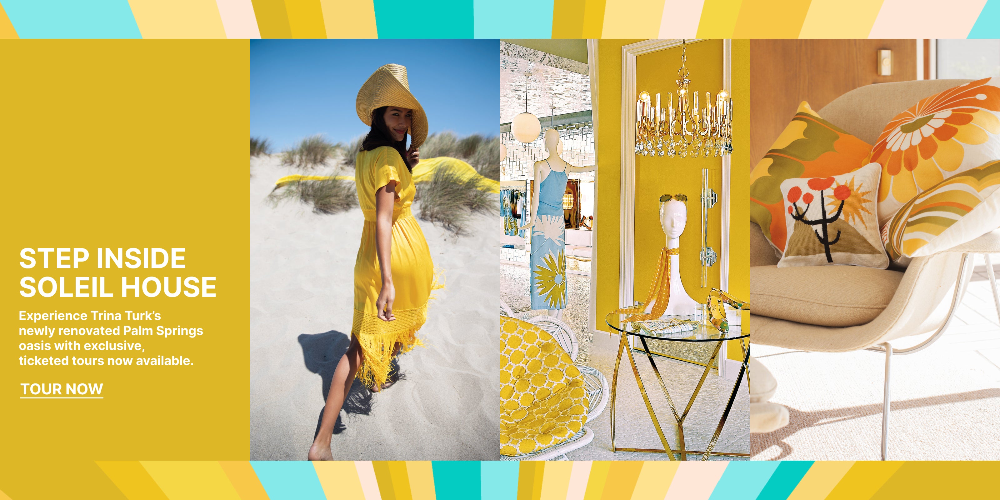 Promotional image for Soleil House with a woman in a yellow dress, outdoor setting, and interior decor.